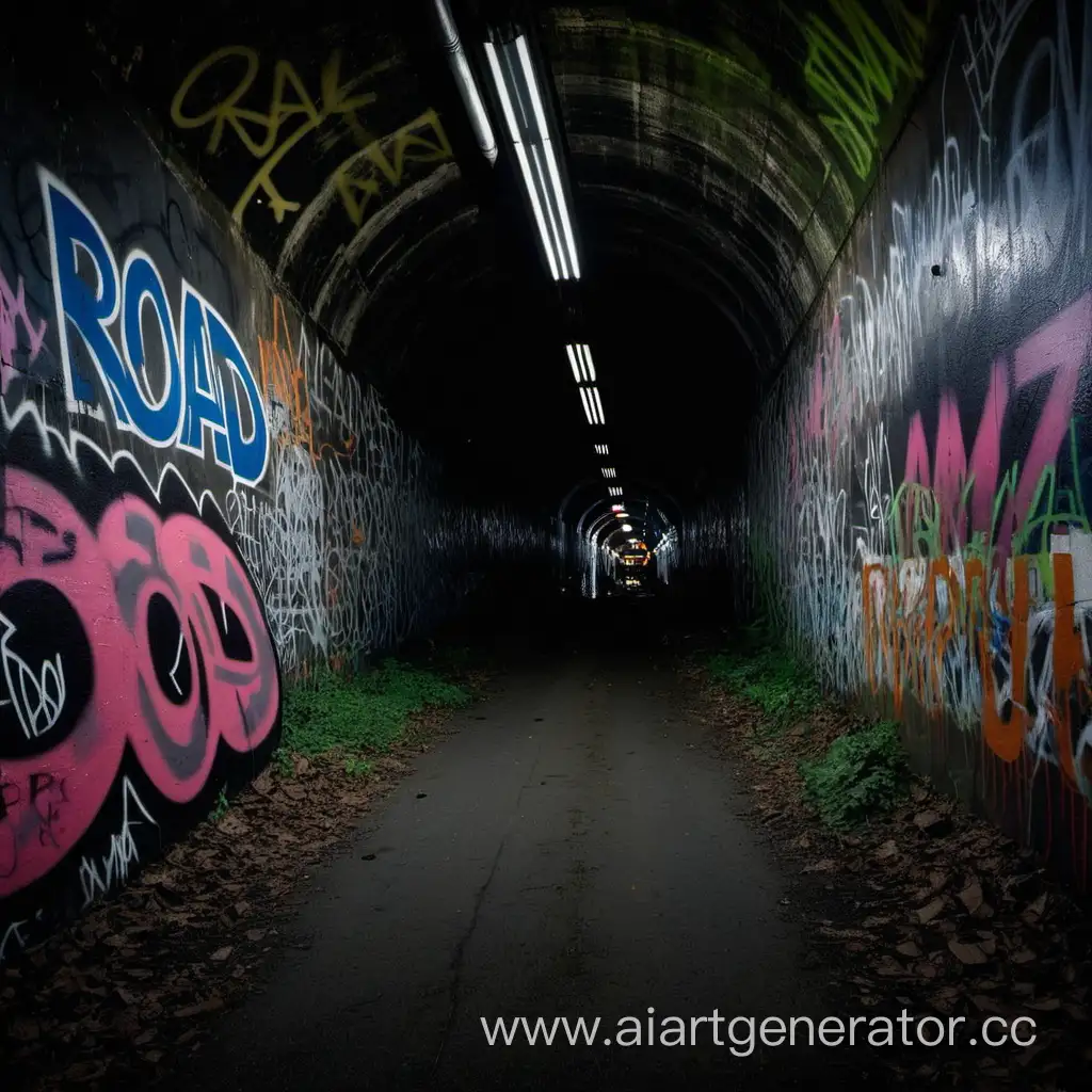 Темный туннель изрисованный граффити и надпись посередине ROAD