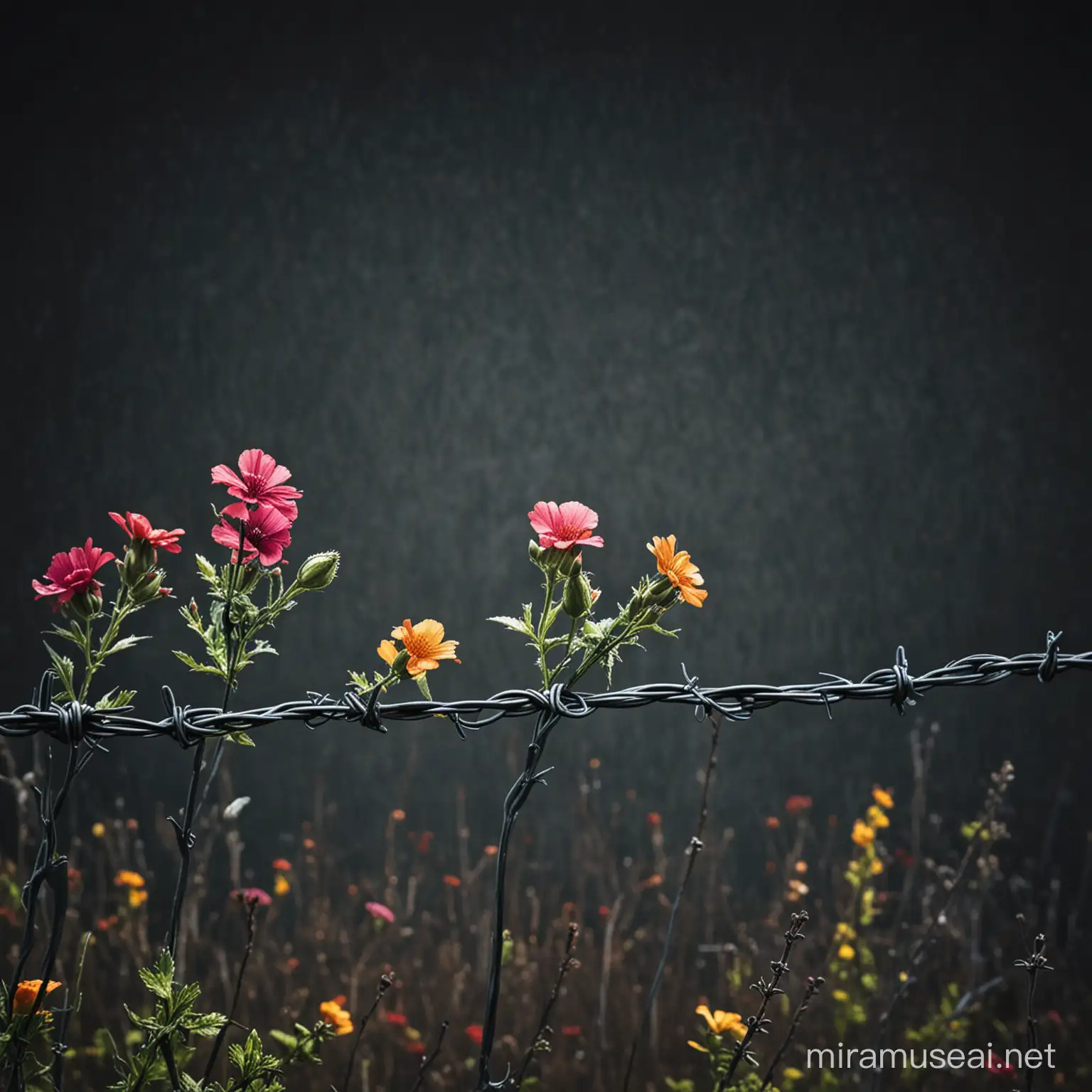 Blooming Flowers on Barbed Wire Against Dark Background