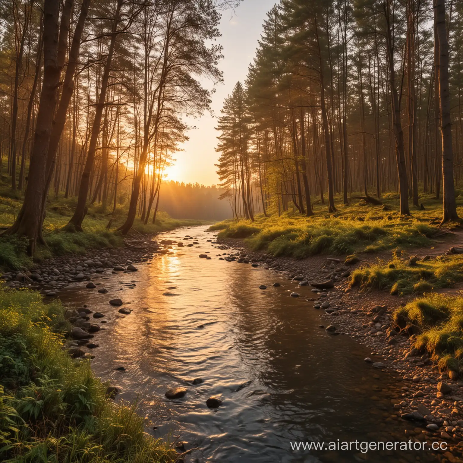 Tranquil-Sunset-Scene-River-Flowing-Through-Forest
