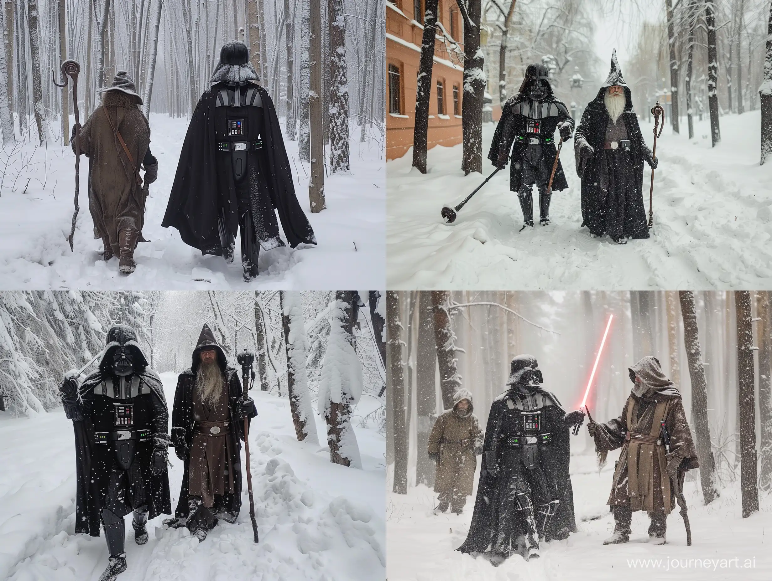Darth Weider with a Gendalf and Frodo Begins got lost in snowy Moscow