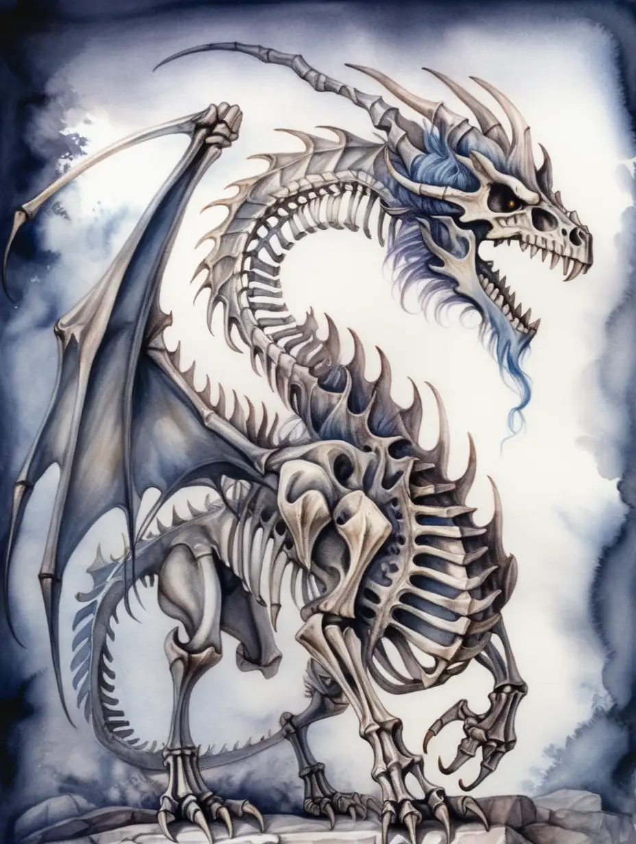 fantasy incomplete dragon skeleton, dark watercolor drawing, no background