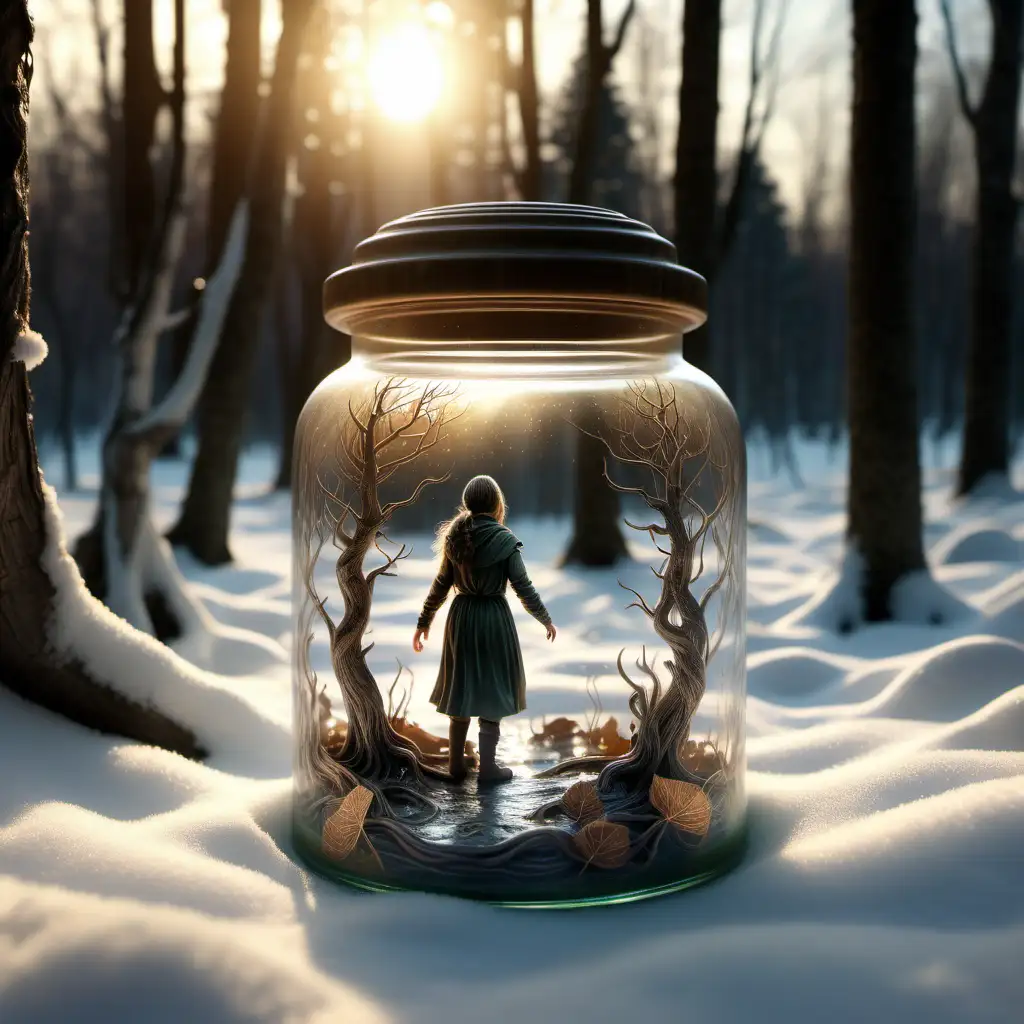 Realistic, detailed old jar with stopper in a snowy forest floor. Inside jar is a elver girl inspired from Lord of the rings, trees surrounding, 1080p resolution, downlight, volumetric light, sunset, ultra 4k