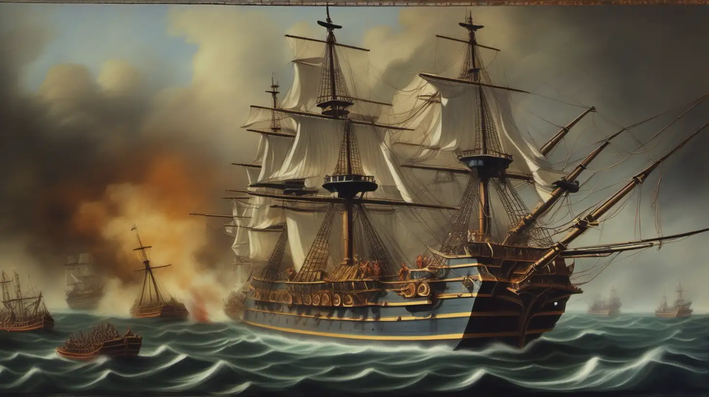 Dramatic 1700s Square Rig Battle Ship Oil Painting with Cannon Fire