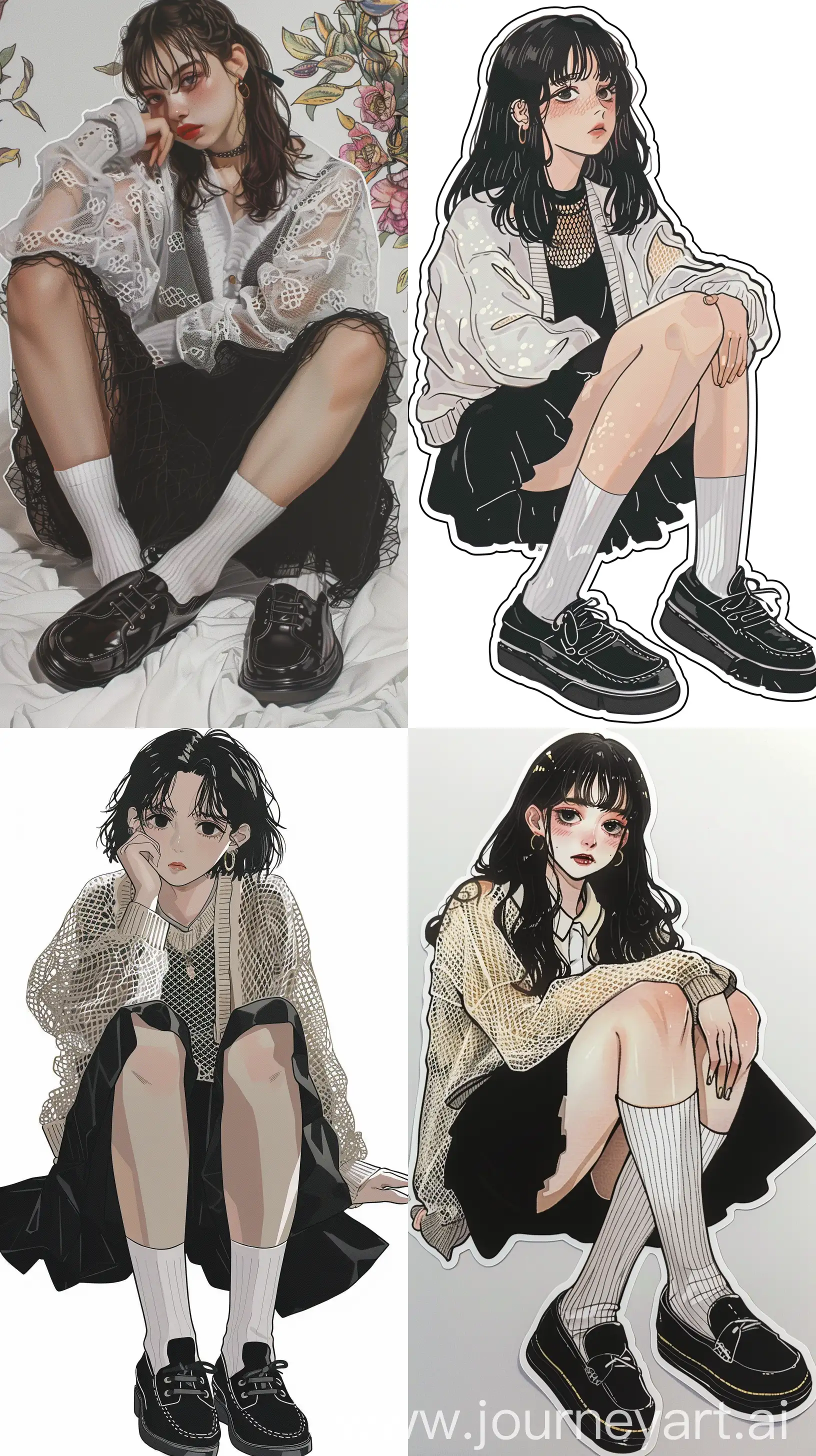 aestethic y2k anime, wearing net cardigan, black skirt, black loafers shoes, white socks, sit pose, design, sticker --ar 9:16