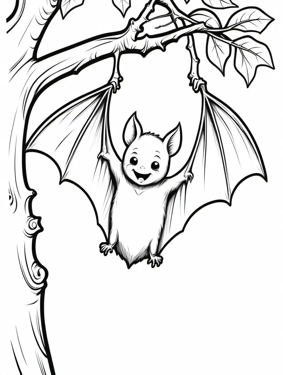 children's color page, simple, line art, bat hanging off a tree branch, transparent, cut out,

