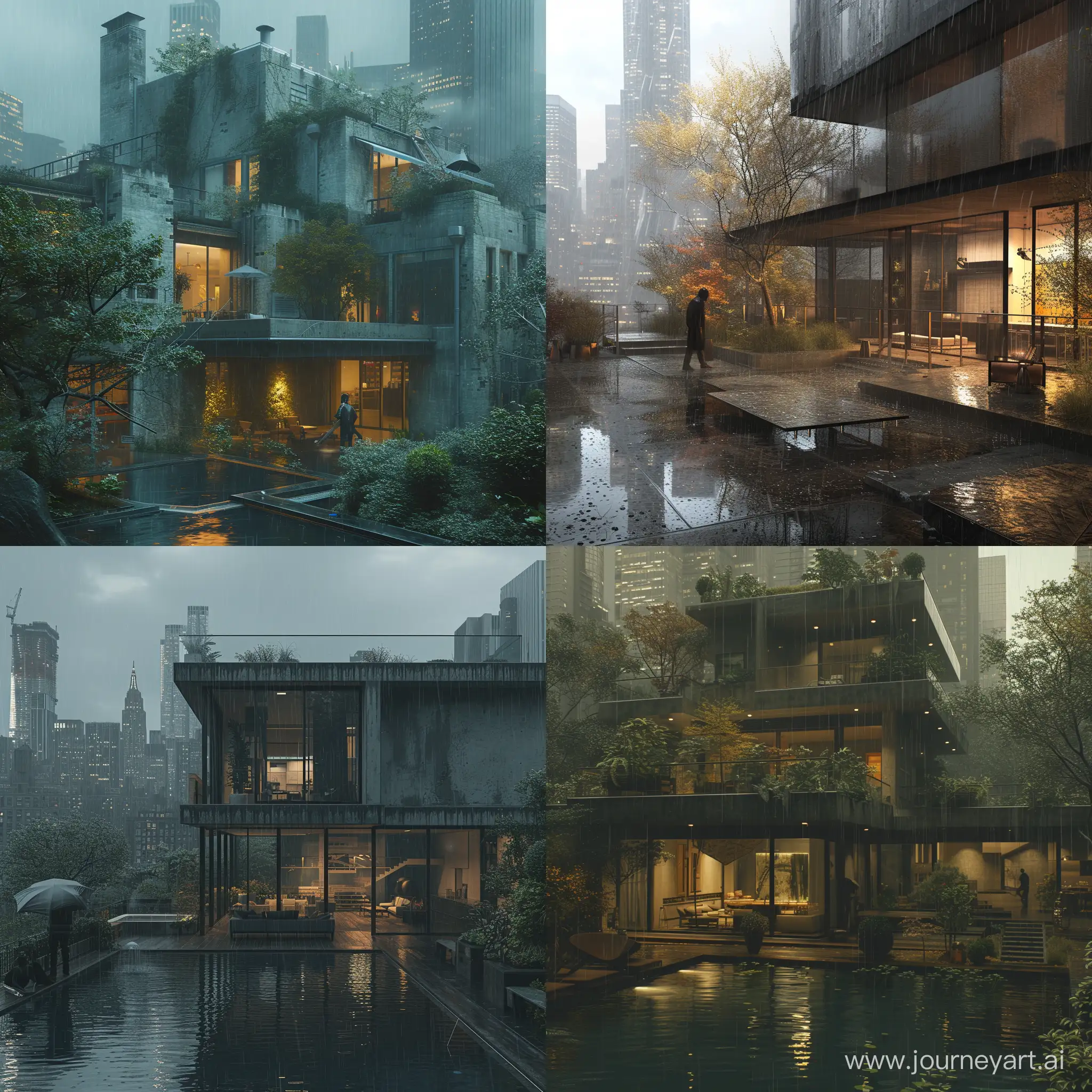 A villa in New York City. The weather is rainy and an architect is seen in the scene. The year is 2030.