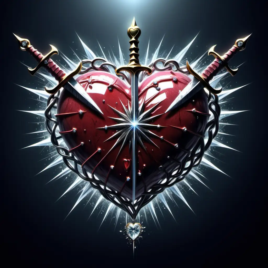 Heart with Melting Swords and Glimmering Diamonds Symbolizing Pain and Hope