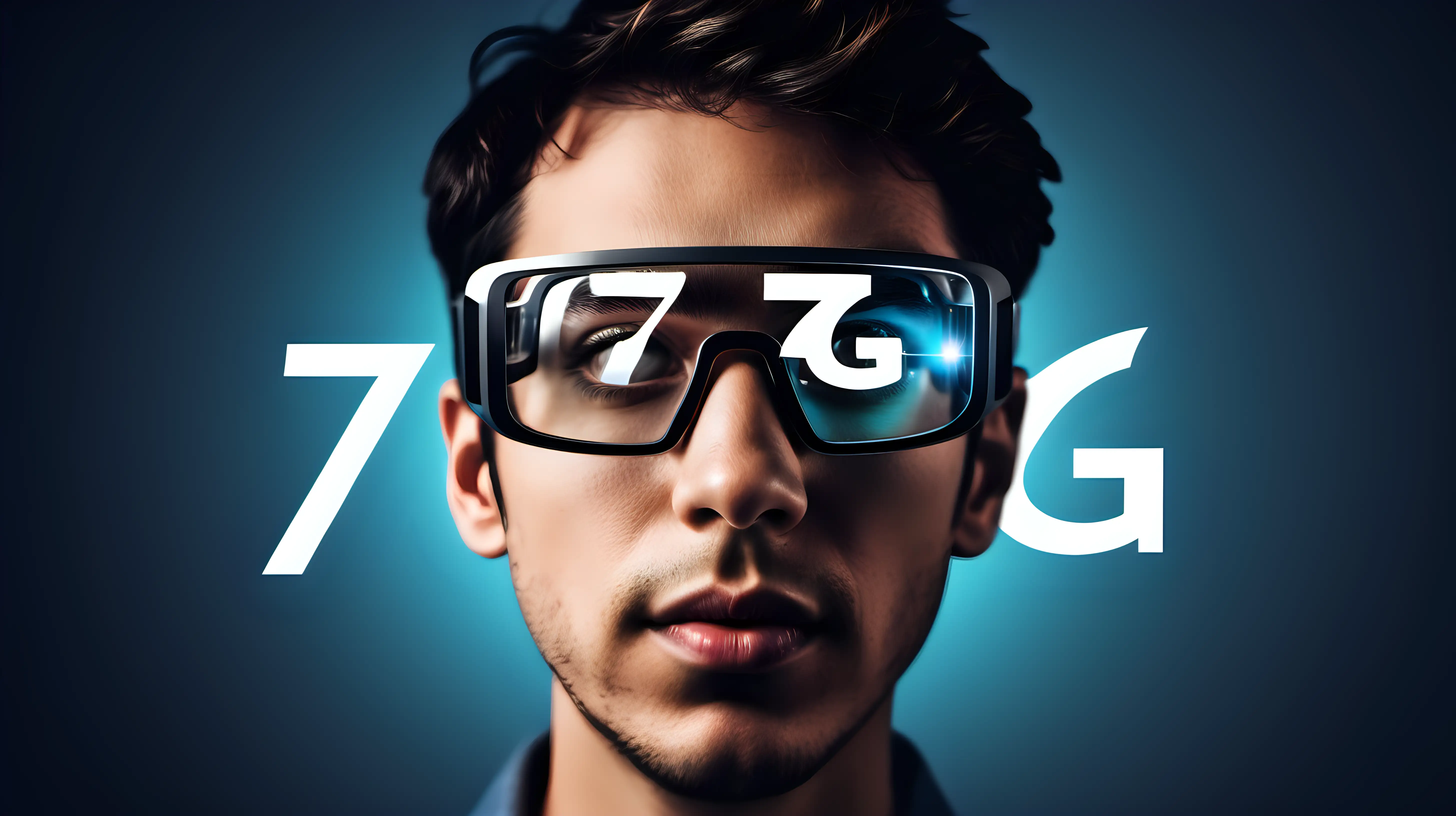 Illustrate an image of a person wearing augmented reality glasses with the reflection of the "7G" logo superimposed, suggesting the immersive experiences facilitated by next-generation connectivity.