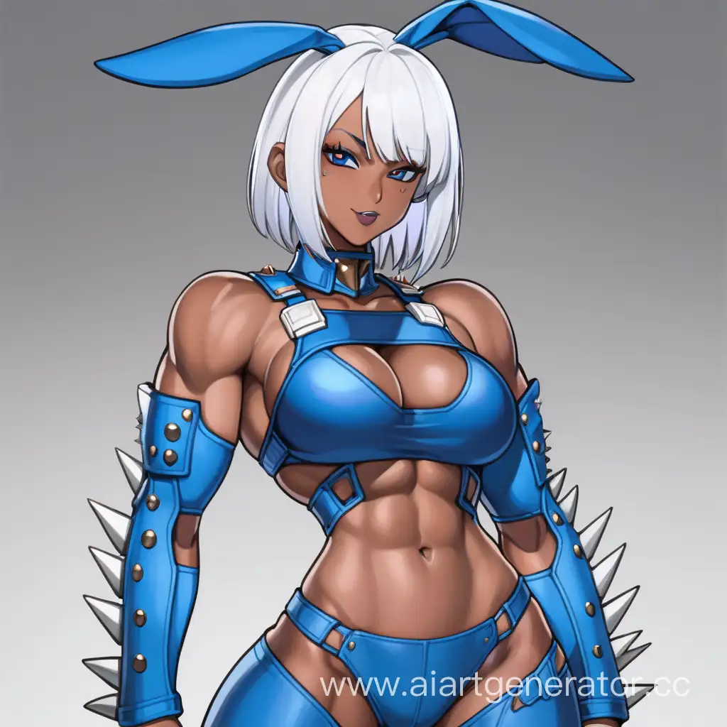 Field, 1 Person, Women, Human, White hair, Long Rabit Ears, Short hair, Spiky Hair style, Dark Brown Skin, Blue Full Body Suit, Blue Body Armor, Chocer,  Blue Liptsick, Serious smile, Big Breasts, Scarlet Red eyes, Sharp Eyes, Hard Abs, Toned Abs, Big Muscular Arms, Big Muscular Legs, Well-toned body, Muscular body, 