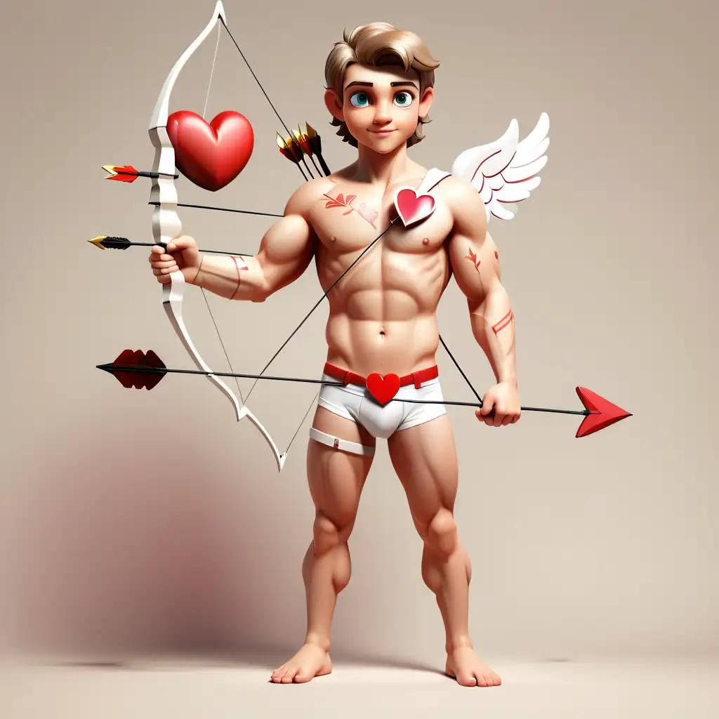 Cupid Caucasian male athletic no shirt, white underwear, holding bow and heart arrow, full view