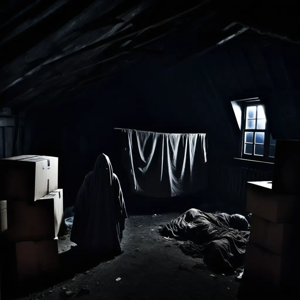 scary very-creepy sheet covered dark entity in a large old dark attic, slightly human-like, from a bit of a distance peering from behind some old covered dusty boxes, scene is an dark old abandoned dark dirty attic with some boxes, night time, clothes and old junk scattered around, only a little bit of moonlight is shinning through a window to make things slightly visible