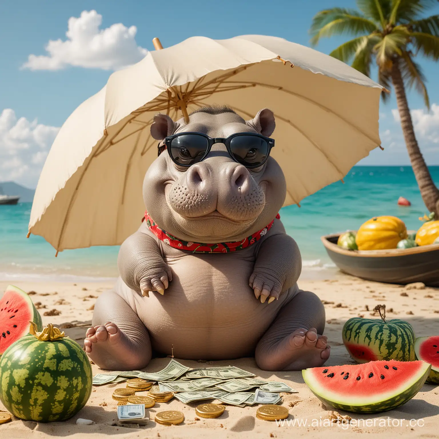 A cute little hippo is lying on the beach under an umbrella. He wears black glasses and has a gold tooth. Watermelons are all around him. There is a boat on the sea behind him. There is a lot of money on the boat.