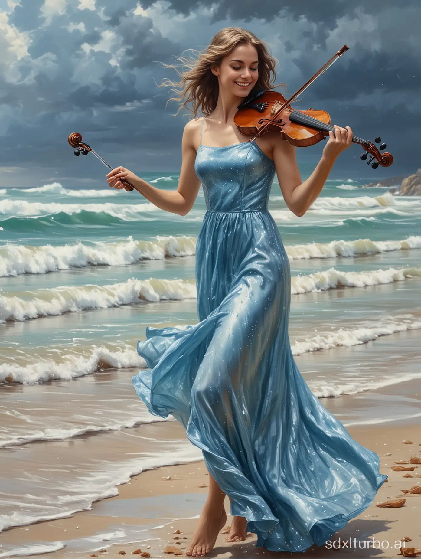 Imagine a 4k oil painting featuring full body beautiful caucasian woman, wearing a shimmery blue dress, sparkling, smiling beautifully, playing the violin, on the beach, cloudy atmosphere  Note   *