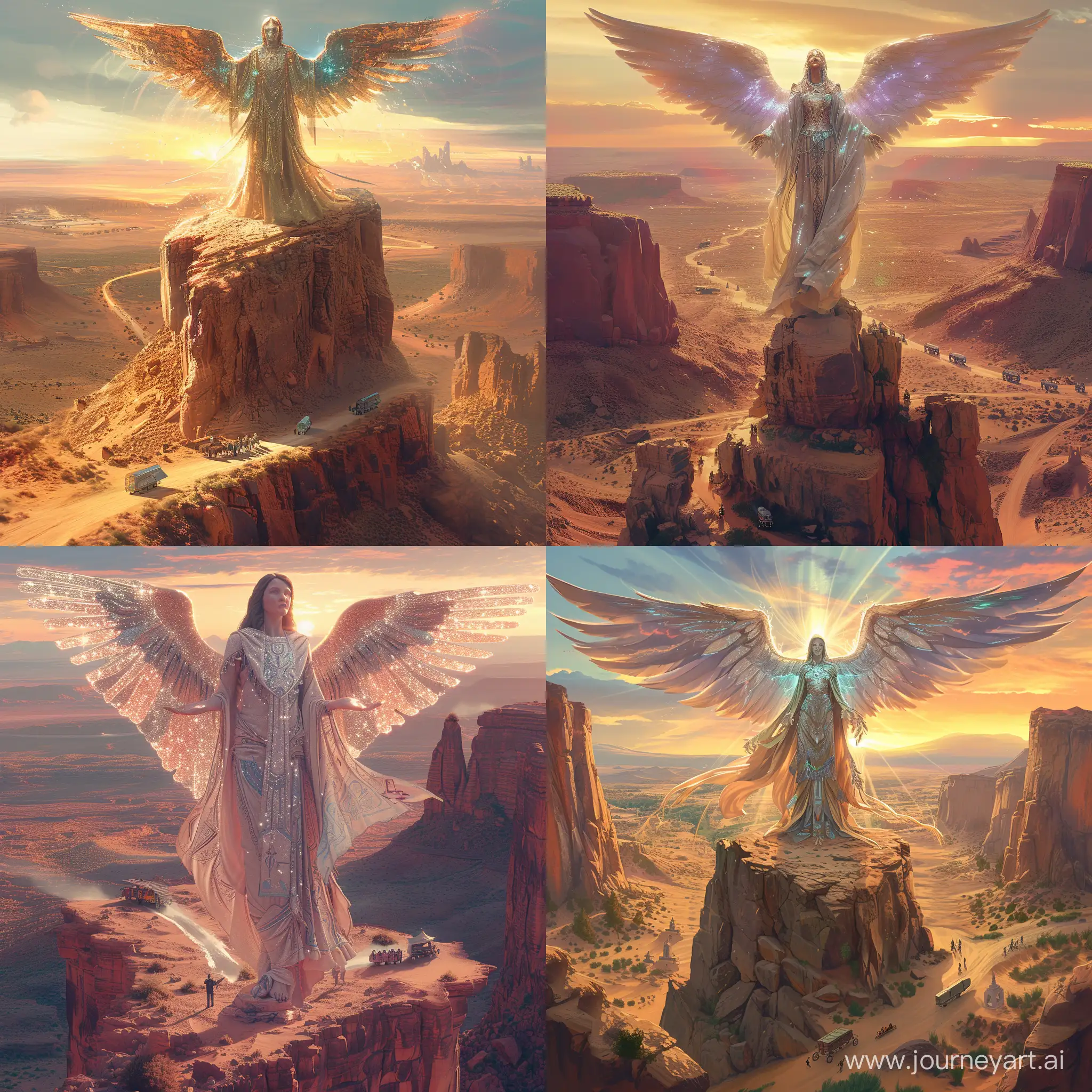 The Angel of Montano is depicted in a surrealistic style, standing atop a rocky outcrop overlooking a vast desert landscape. The angel's wings span wide, shimmering with ethereal light, as they gaze into the distance with a serene expression. Their flowing robes billow in the desert breeze, adorned with intricate patterns and symbols. Below, a caravan of travelers makes its way across the desert, guided by the angel's watchful presence. The environment is otherworldly and mystical, with surreal rock formations and a colorful sunset casting a warm glow over the scene. The art style is inspired by surrealism and fantasy, with dreamy textures and vibrant colors. The camera shot is a wide-angle view, capturing the vastness of the desert and the angel's majestic presence. Rendered with surreal textures and vibrant colors to create a sense of unreality and wonder.
