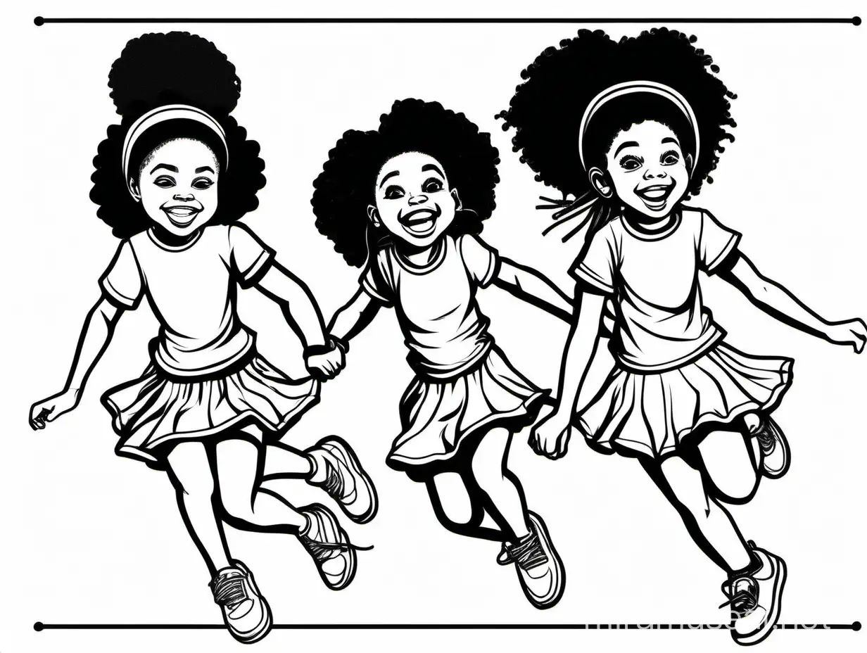 create an outline coloring page of 3 young african american  girls wearing skirts and tee shirts and sneakers, they are laughing and jump roping