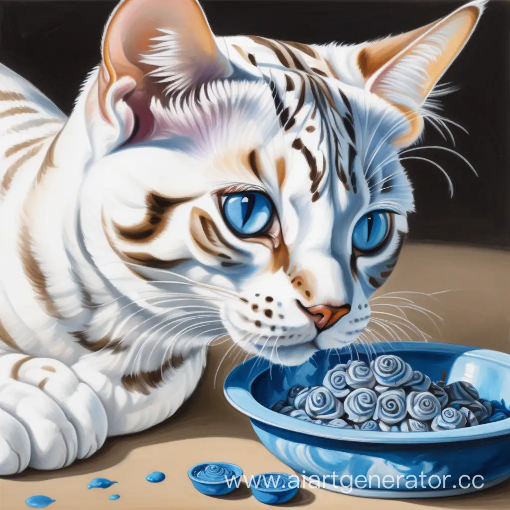 Нарисуй гуашью красивую милую бенгальскую кошку белого цвета раскраса темной розетки с голубыми глазами наклонившая голову к  миске с едой