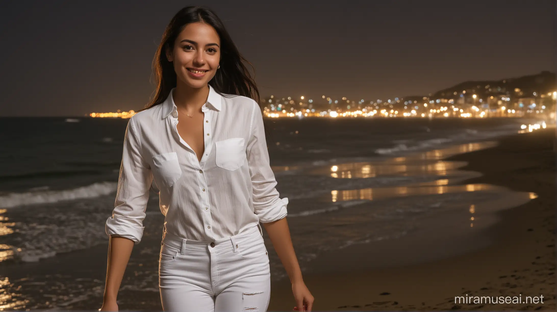 full length,26 years old, gorgeous Columbian woman, happy, smiling, Long straight black hair, wearing a buttoned collared white shirt and white pants, joyful and surprised to walk into an anniversary party on the beach at night, there are many lights, looking at viewer, powerful facial expression, sweet face, clearly brown eyes,(summer season) theme 1.5),  ambient lighting, maximum detail, cinematic frame, realistic illustration, (calming tones 1.3), (super detail 1.2), (Full Body1.9)