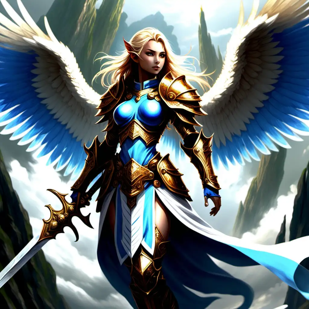 Mana Sergei, the avatar of order in the high heaven kingdom of argellus. Female, with great wings, light and sword / shield / armor