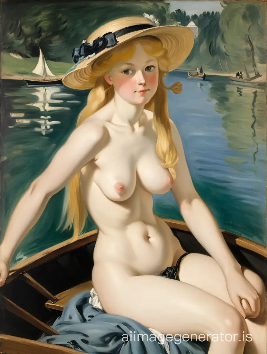 Manet Oil Painting Topless Blonde Maiden in Small Boat | AI Image Generator