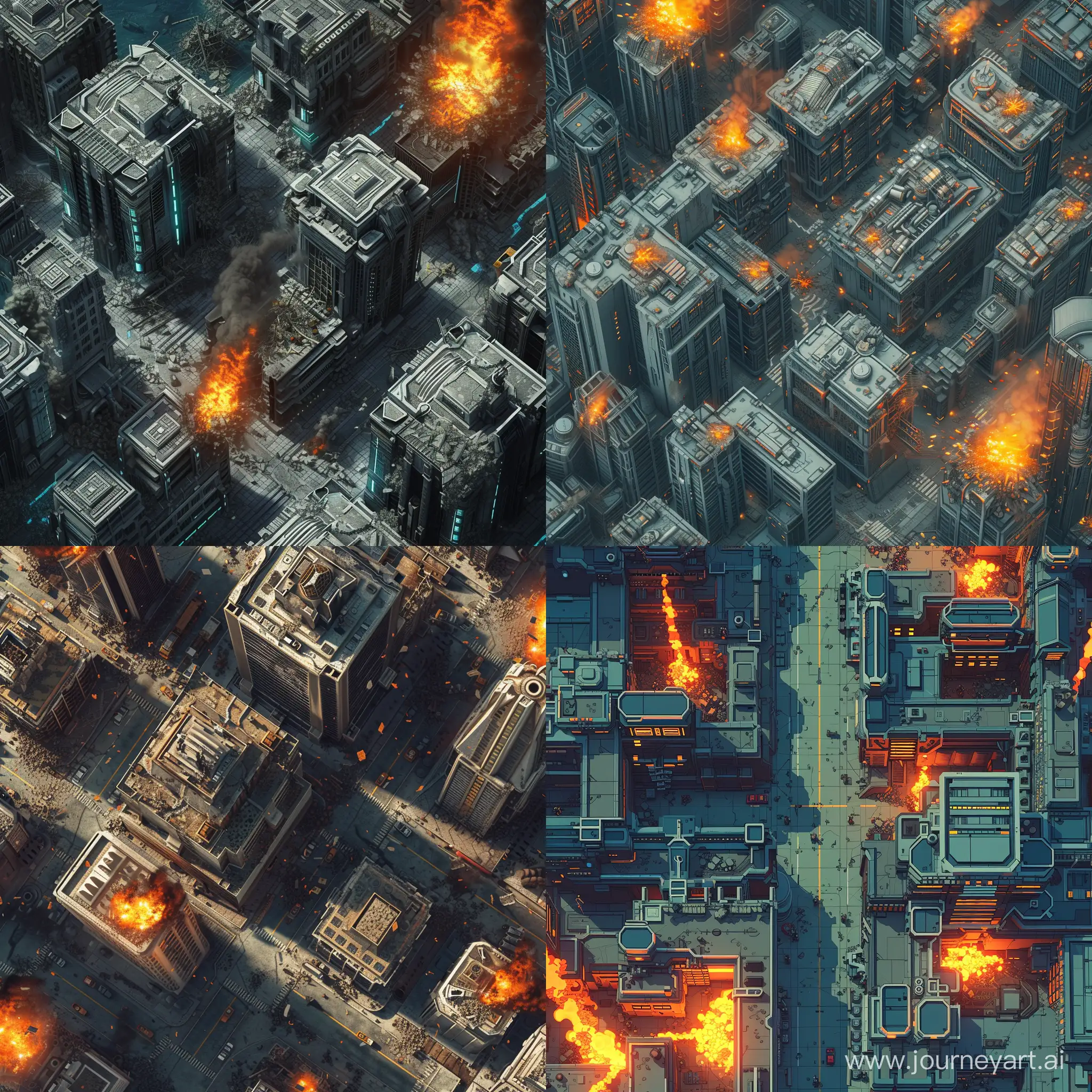 Sci-fi city block map, top-down view, part of the buildings is destroyed by bombings, some of the skyscrapers are set on fire