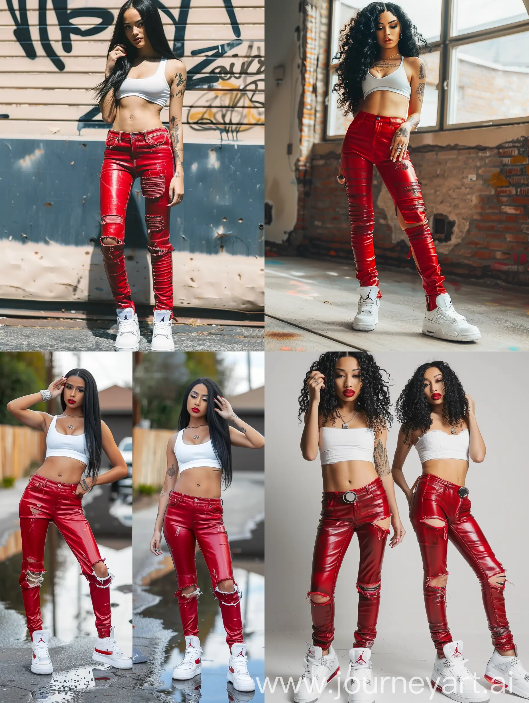 Melimtx model instagram dame met die body met leather jeans aan in het rood precies zelfde uiterlijk en body en Jordan 4s in wit aan zwarte haren