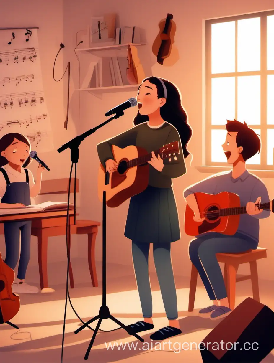 На картинке изображена девушка, которая занимается вокалом со своим учителем. Они находятся в уютной студии, на заднем плане видно музыкальные инструменты и микрофон.