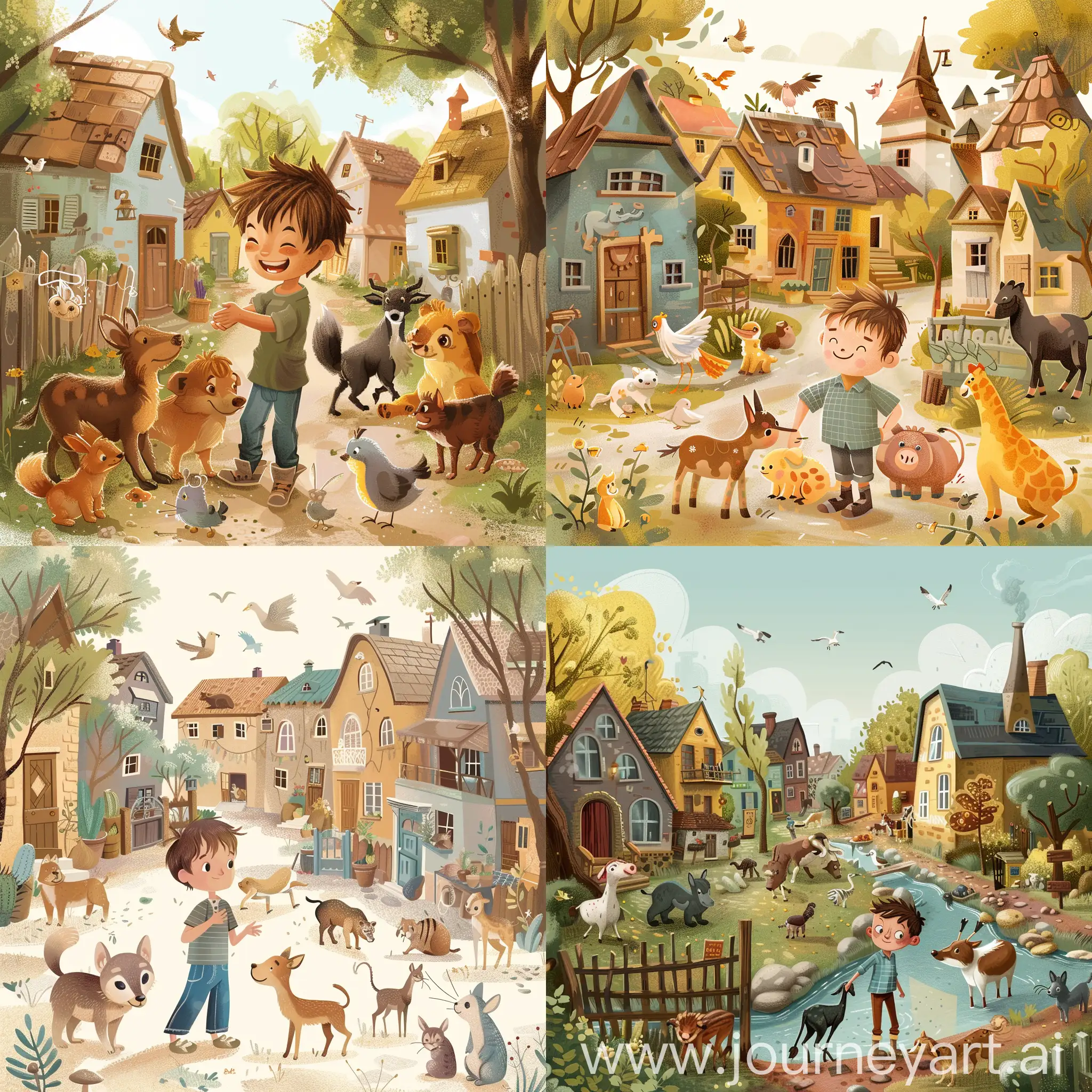 A boy Living with animals in a town, a childrens book illustration style.