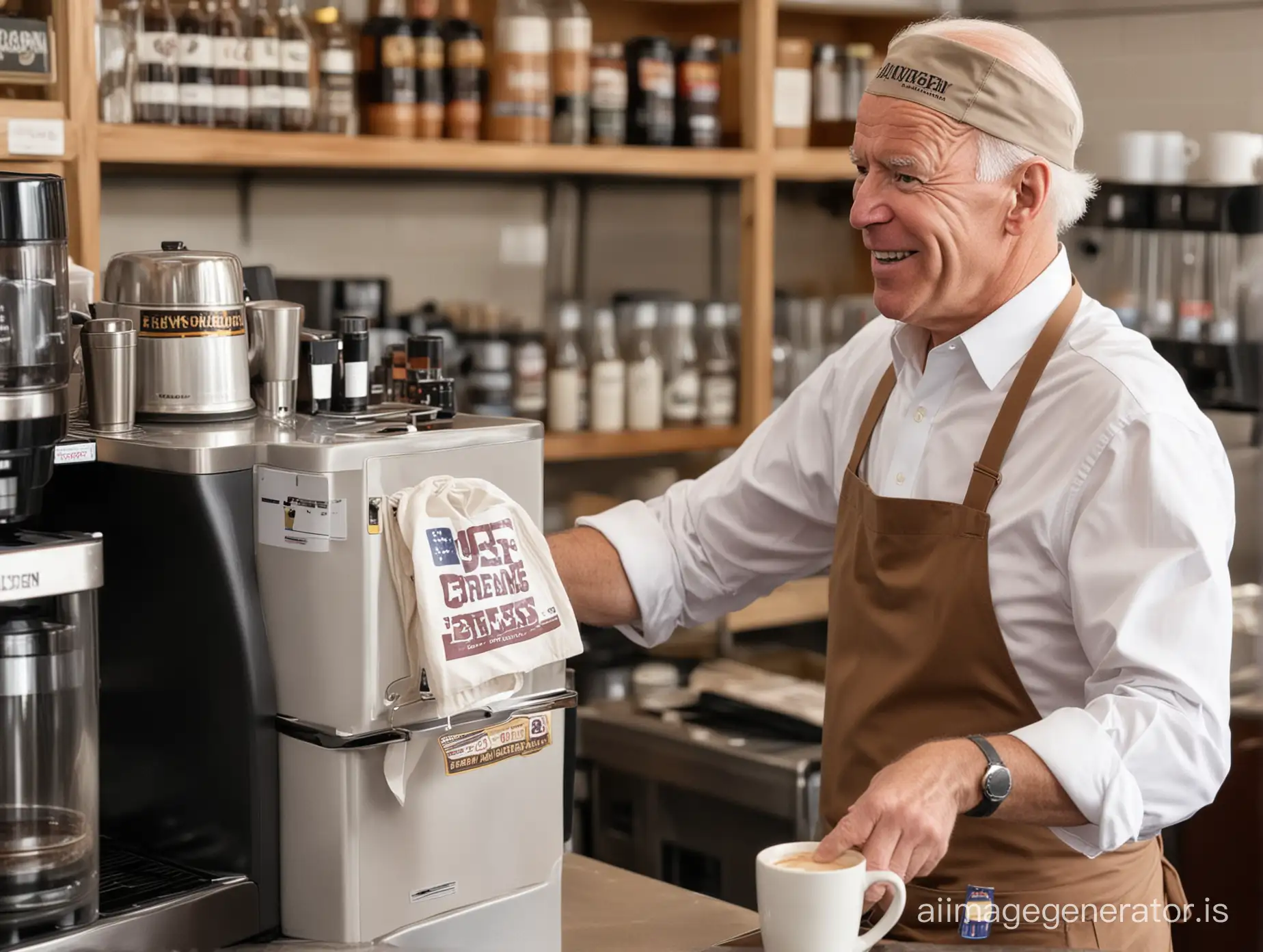 Joe Biden brews coffee at a coffee machine in a store and has an apron on and a hat on the head