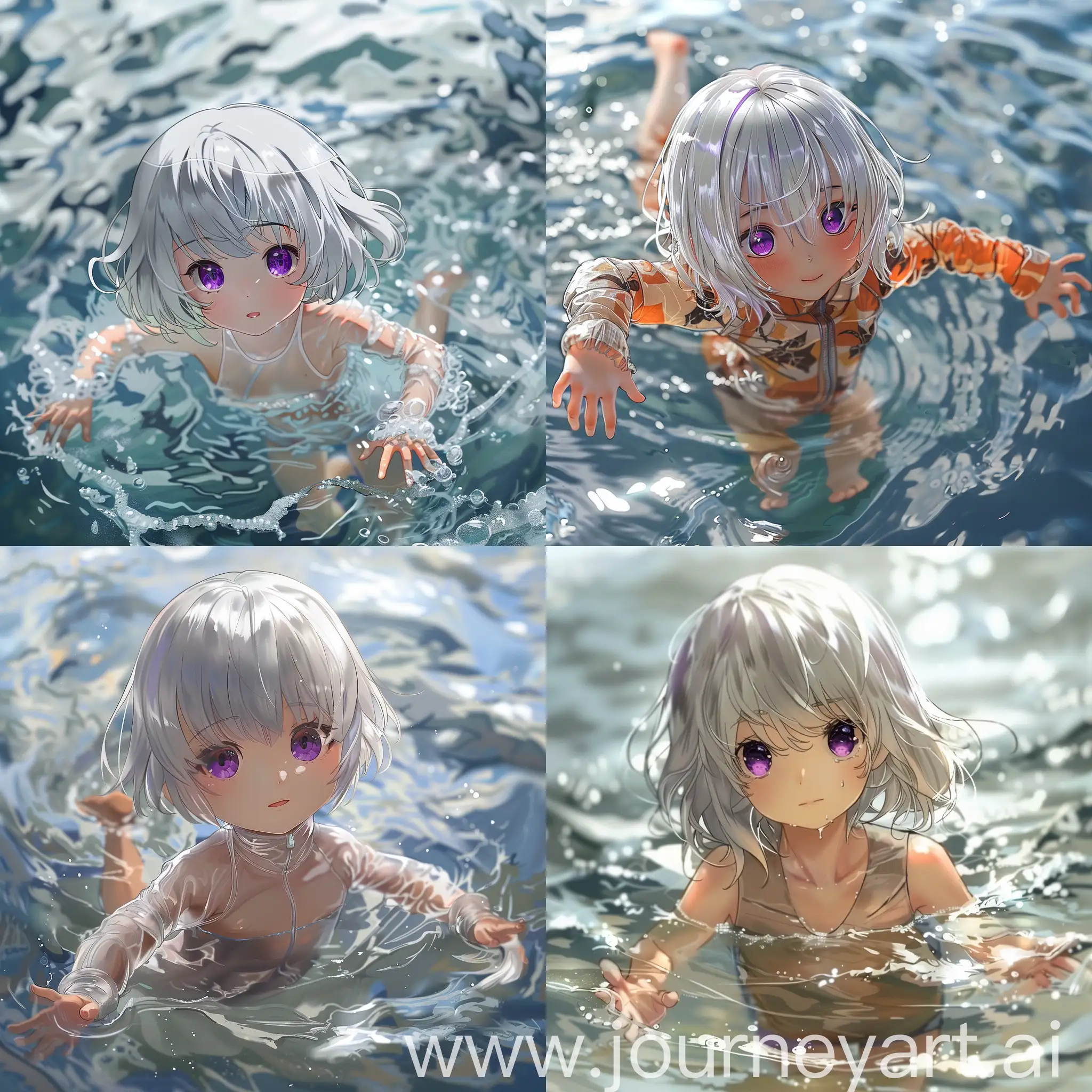 一个银色长发的紫眸小姑娘，在水中游泳，穿着透明的防嗮衣