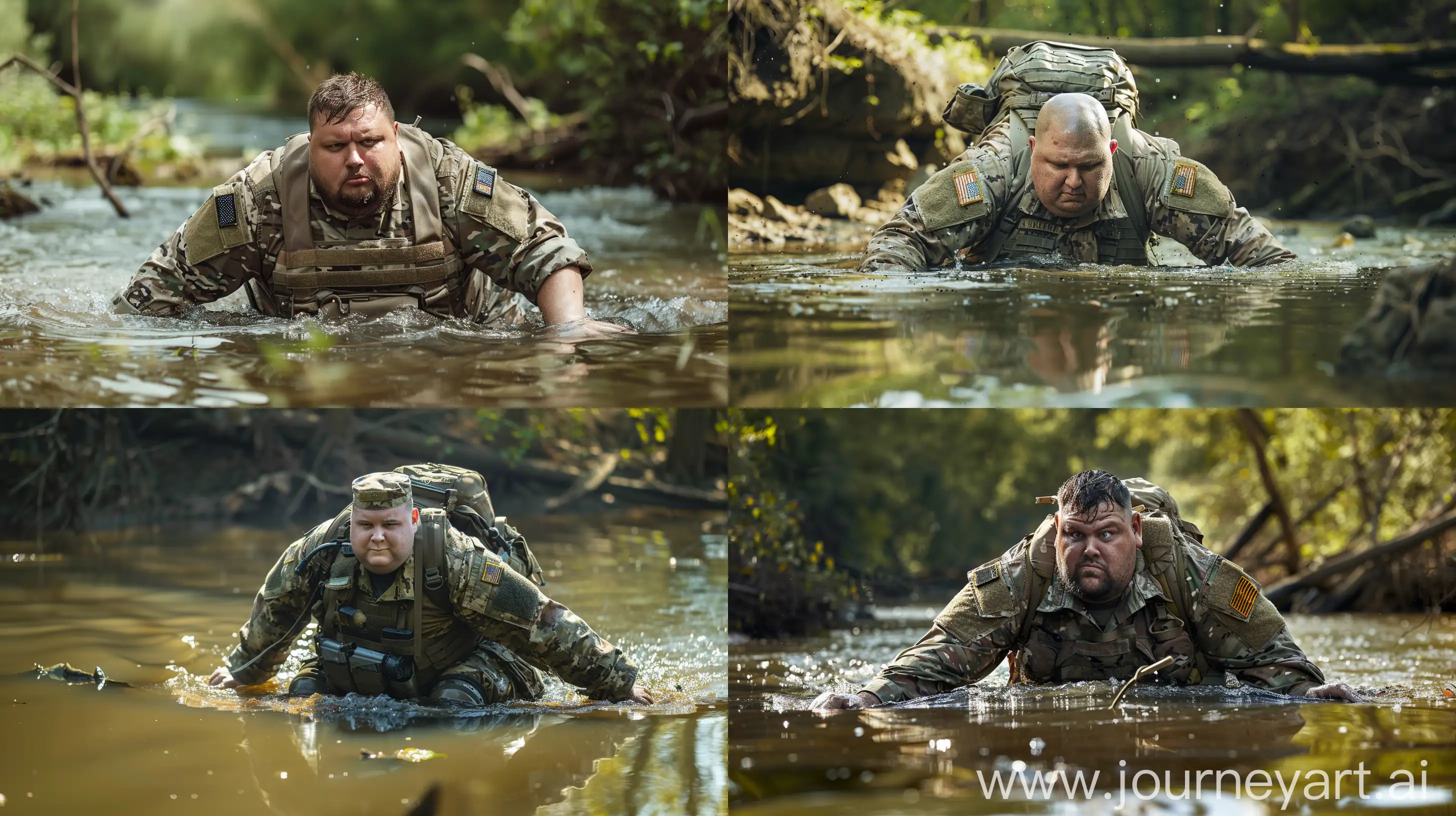 Full body photo of a fat man aged 60 wearing a complete us army combat infantry wet uniform. Outside. Crawling in a river. Natural light --style raw --ar 16:9