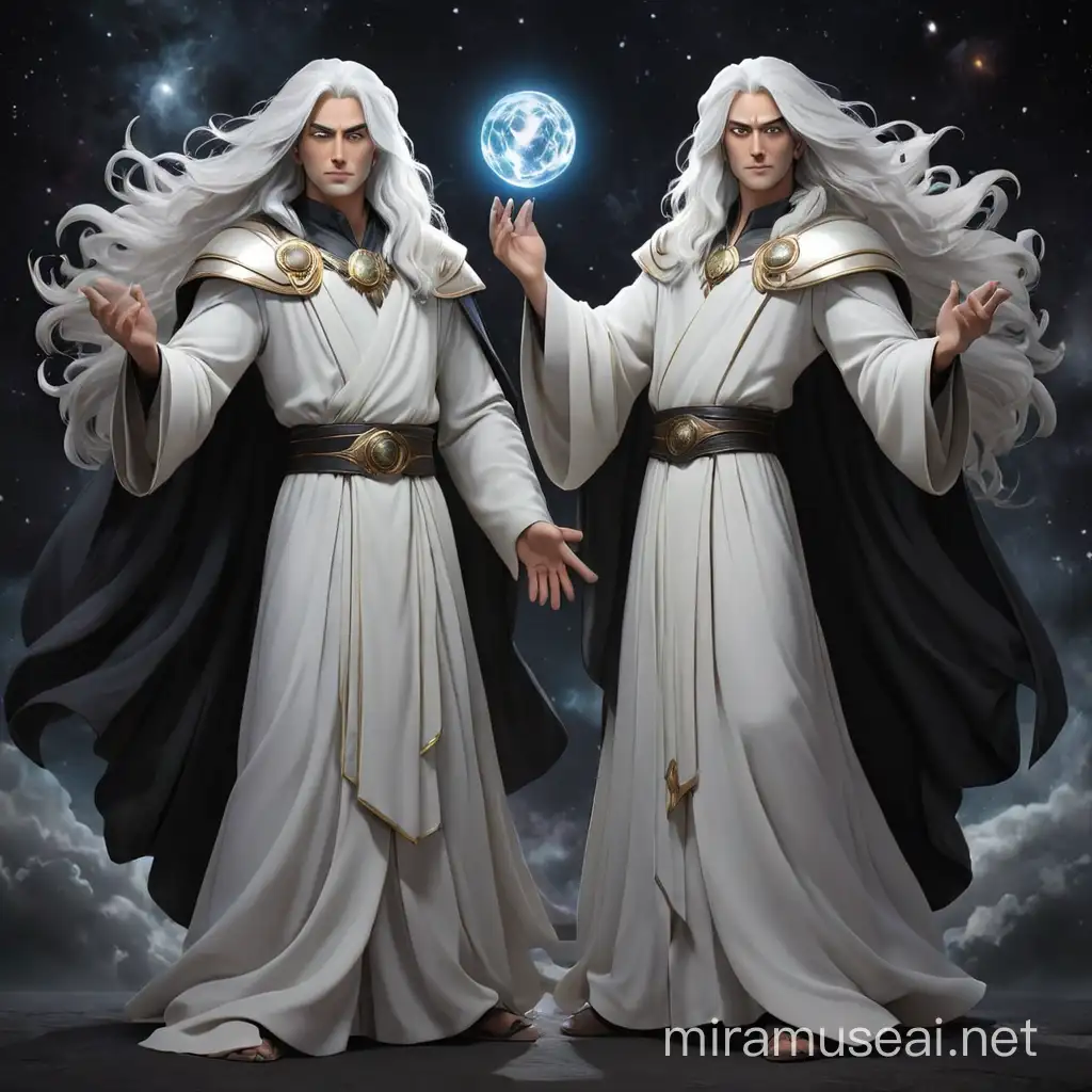 Two twin gods, one of the gods has long white hair and a white cape, the second god has long black hair and a black cape, the setting is in the middle of the universe in complete darkness, each with one hand raised holding a sphere of energy in your hands, full body