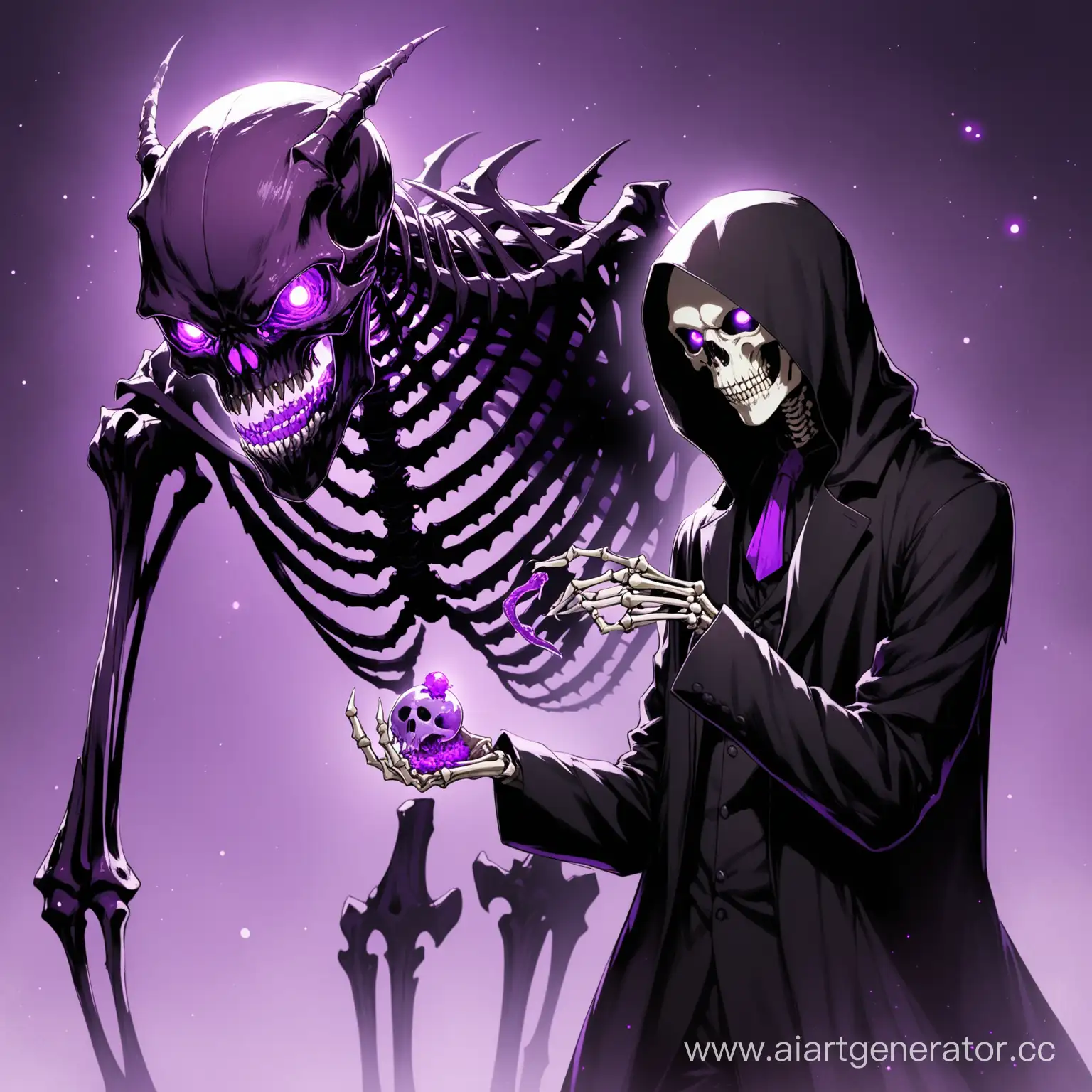 Smiling-Thin-Boy-with-Purple-Eyes-Holding-a-Bone-Mysterious-Skeletal-Monster-Portrait