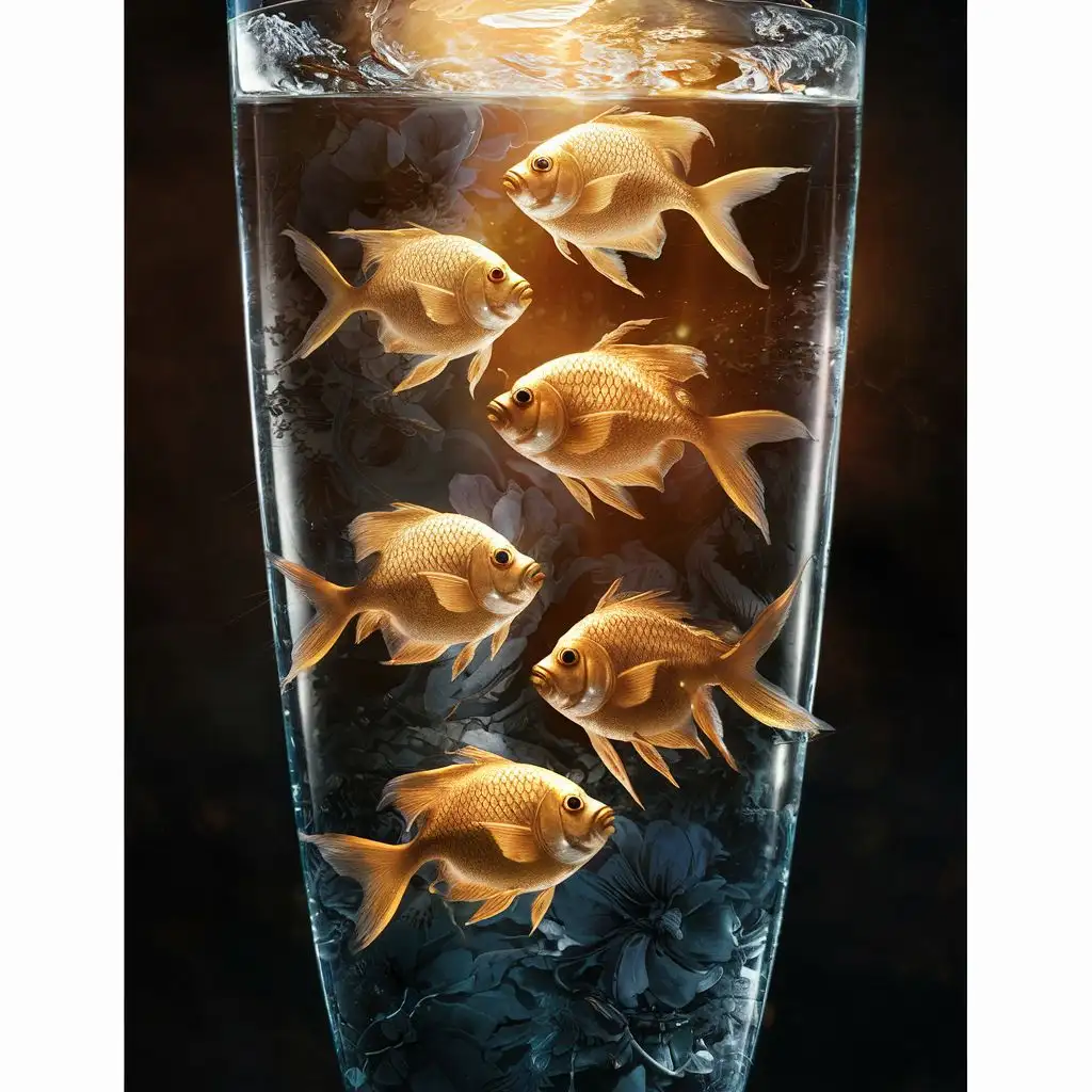 clear vase with water in it, five BRIGHT gold beautiful gold fish swimming in TALL vase