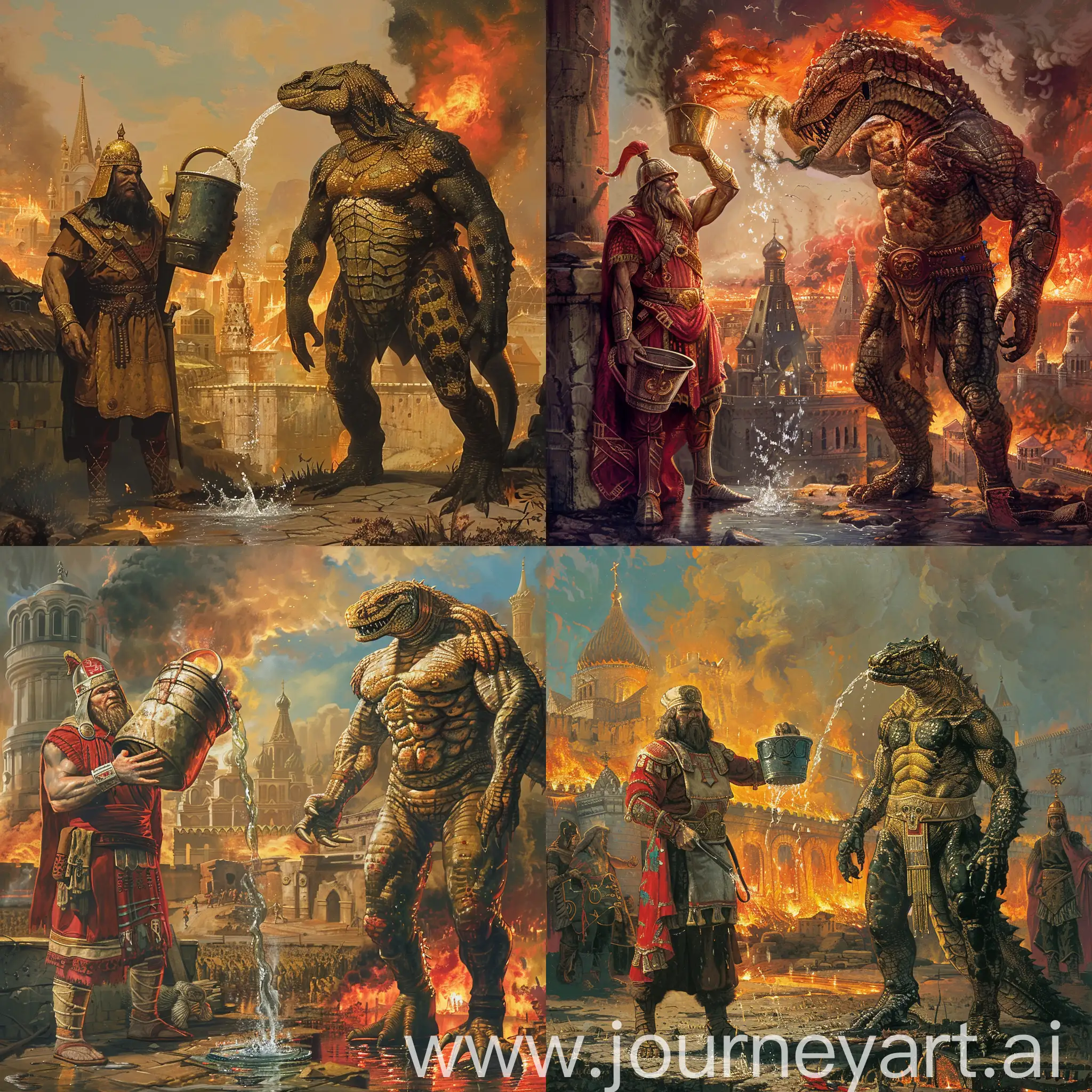 An ancient Russian hero stands on the left and pours water from a bucket, a muscular reptilian lizard monster that stands on the right, against the background of a burning ancien city