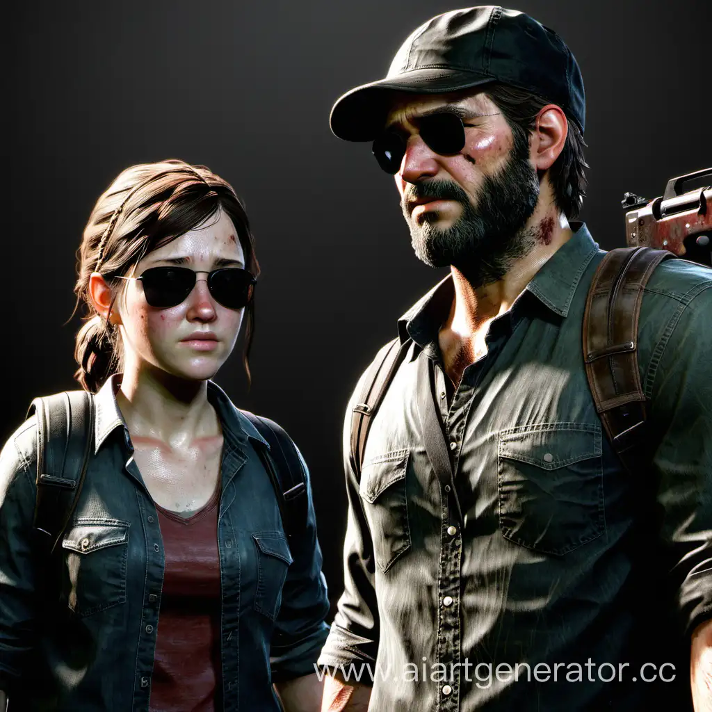 ellie and joel from the last of us wearing black fedoras and dark sunglasses