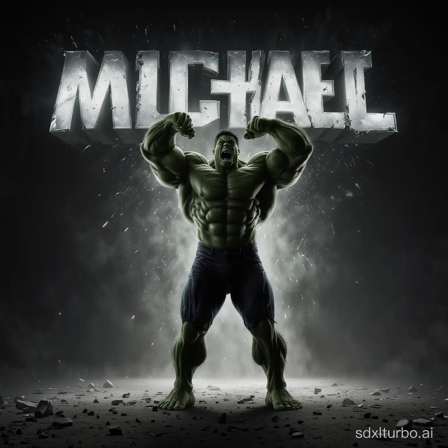 "Michael" as a glowing headline, a person in the form of Hulk stands in the middle of the picture and looks up at the text, screaming, tantrum, 4k, photorealistic, cinematic lighting, black background