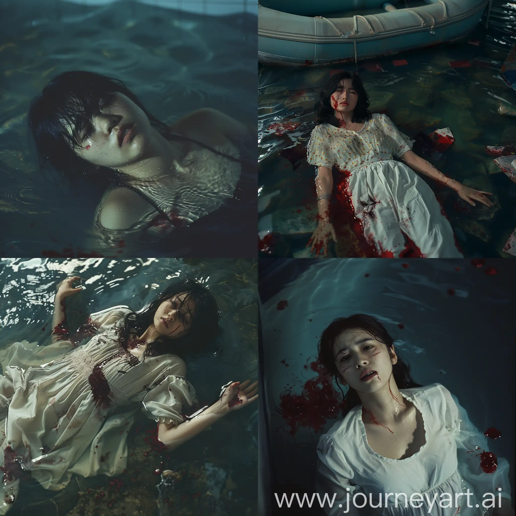 realistic movie stills, full body, full shot, wide shot, Japanese beautiful female, Even in our sleep, pain that cannot forget falls drop by drop upon the heart, and in our own despair, against our will, ultra high-quality photograph, shot on dslr, uncropped, 8k, incredible depth, by shintaro kago, Jeremy Mann, Ismail Inceoglu, Injured, floating, water stained with blood, realism, clear light and shadow, movie texture, film photos, expired film, creating a melancholy atmosphere , aesthetics of violence, an amazing movie scene, strong dramatic tension, rich details, clear light and shadow, a strong sense of cinema