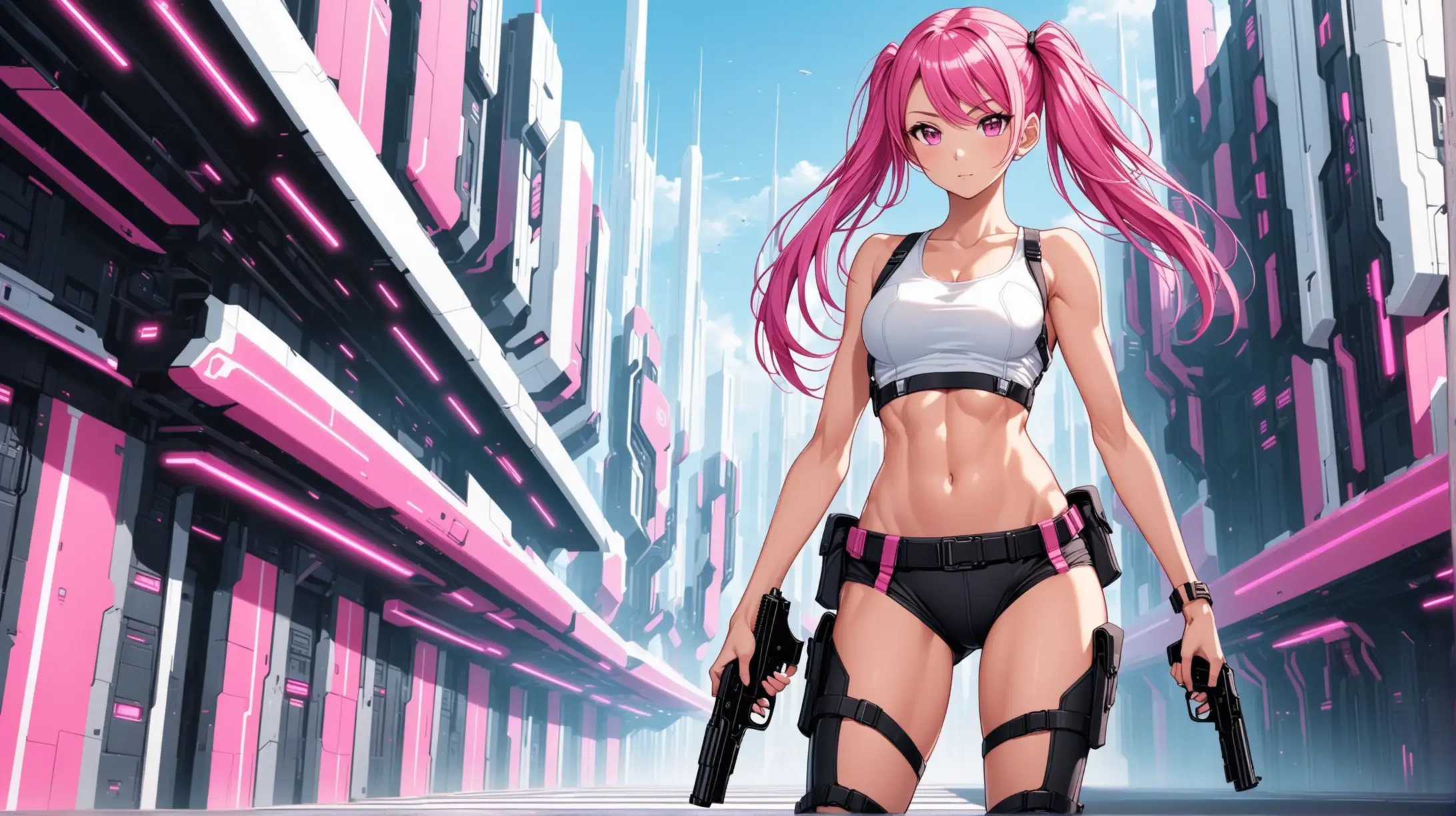 sexy fit 24 year old hero girl, pink pigtails, pink eyes, posing with handguns in futuristic town, super skinny toned body, short white tank top, sexy midriff, wearing suspenders, holsters on each thigh, combat boots, pink black white 3 color minimal design