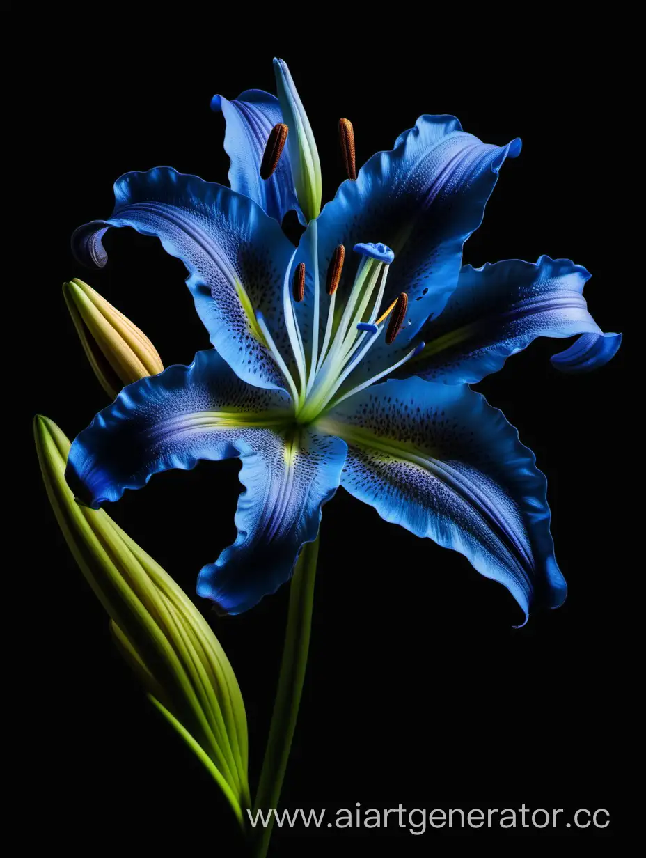 Botanical wild blue Lily flower on black background