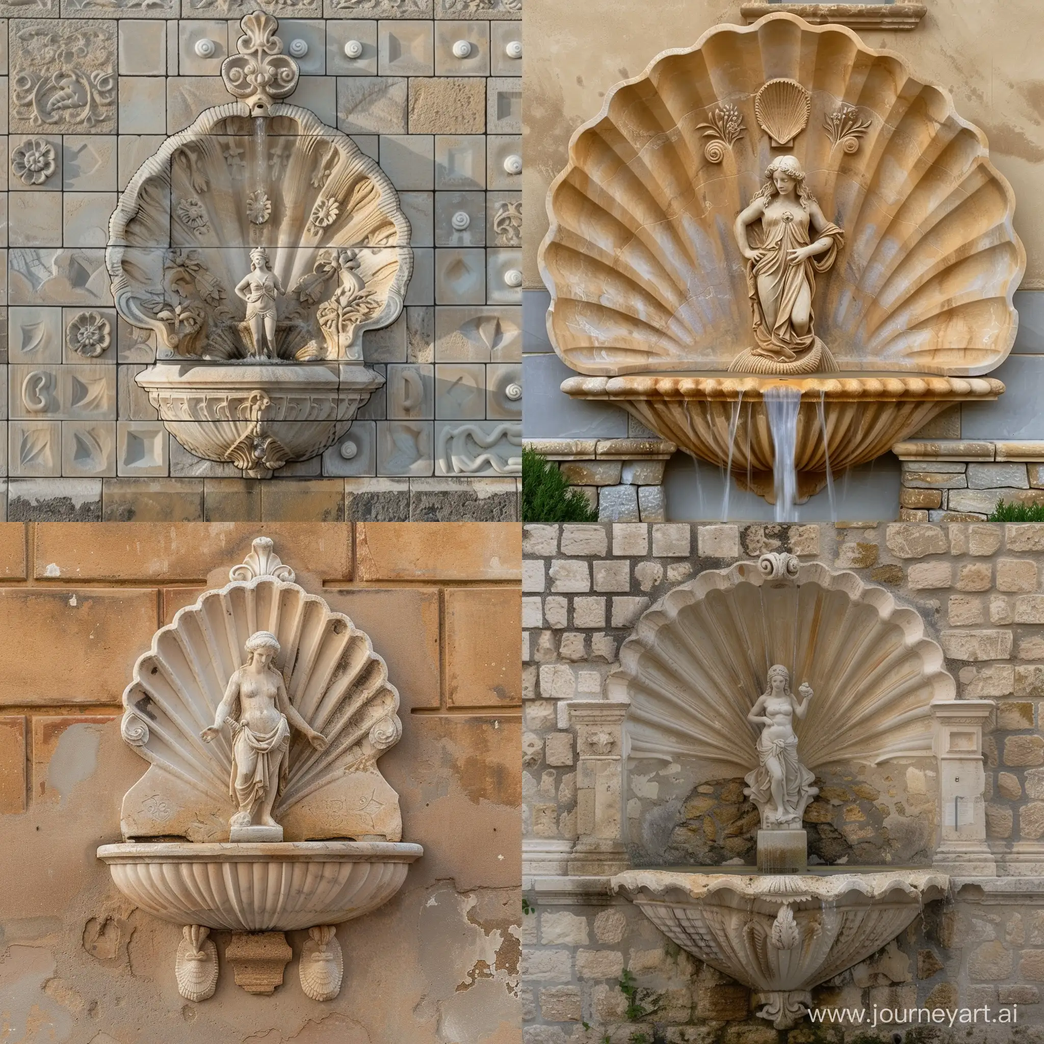 baroque wall fountain with a central statue of Aphrodite in a shell-shaped niche --v 6 --ar 1:1 --no 70678