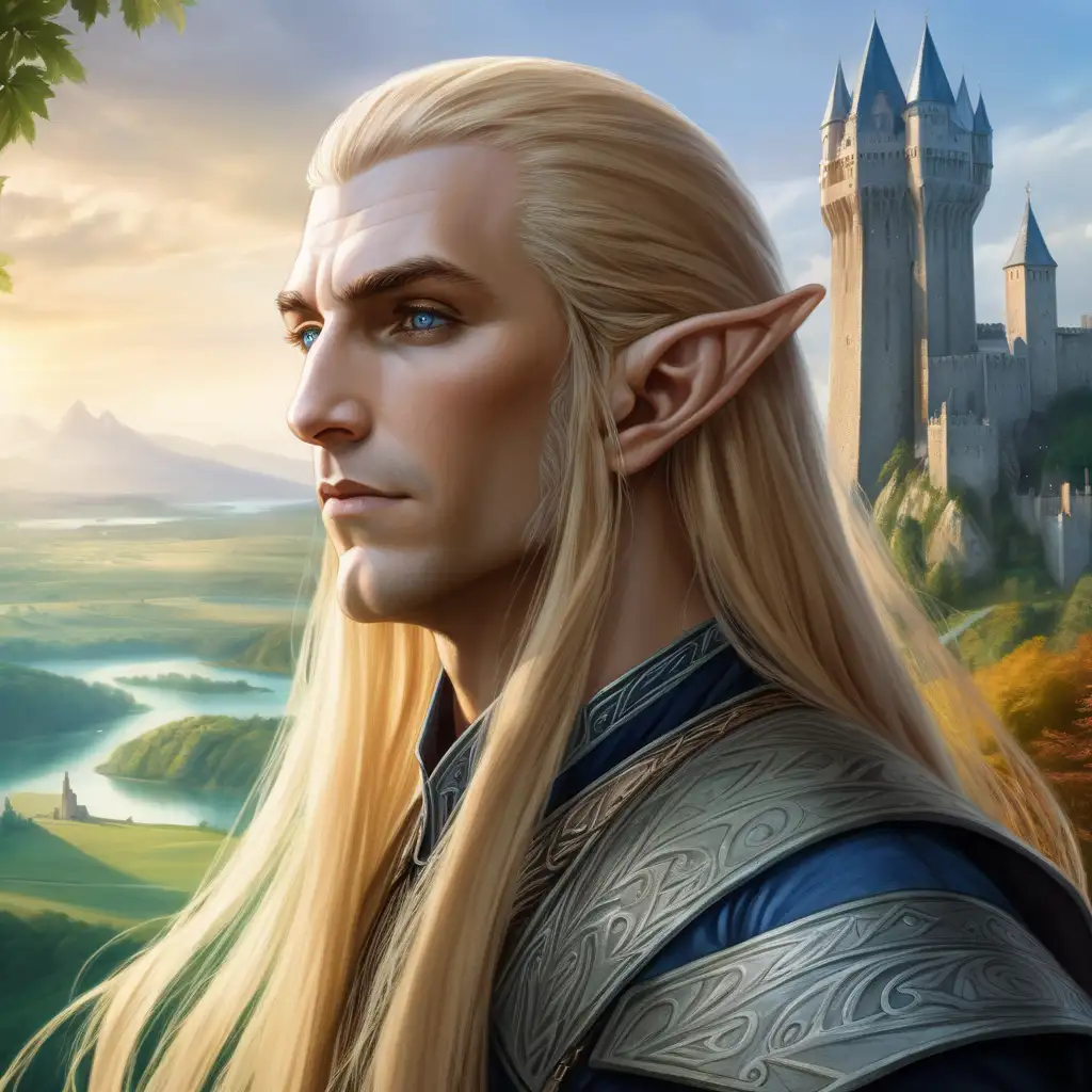 Half-elf with long blonde hair. Hawklike nose.
Portrait. Magician and king. Fantasy setting. In tower with lush land beneath.