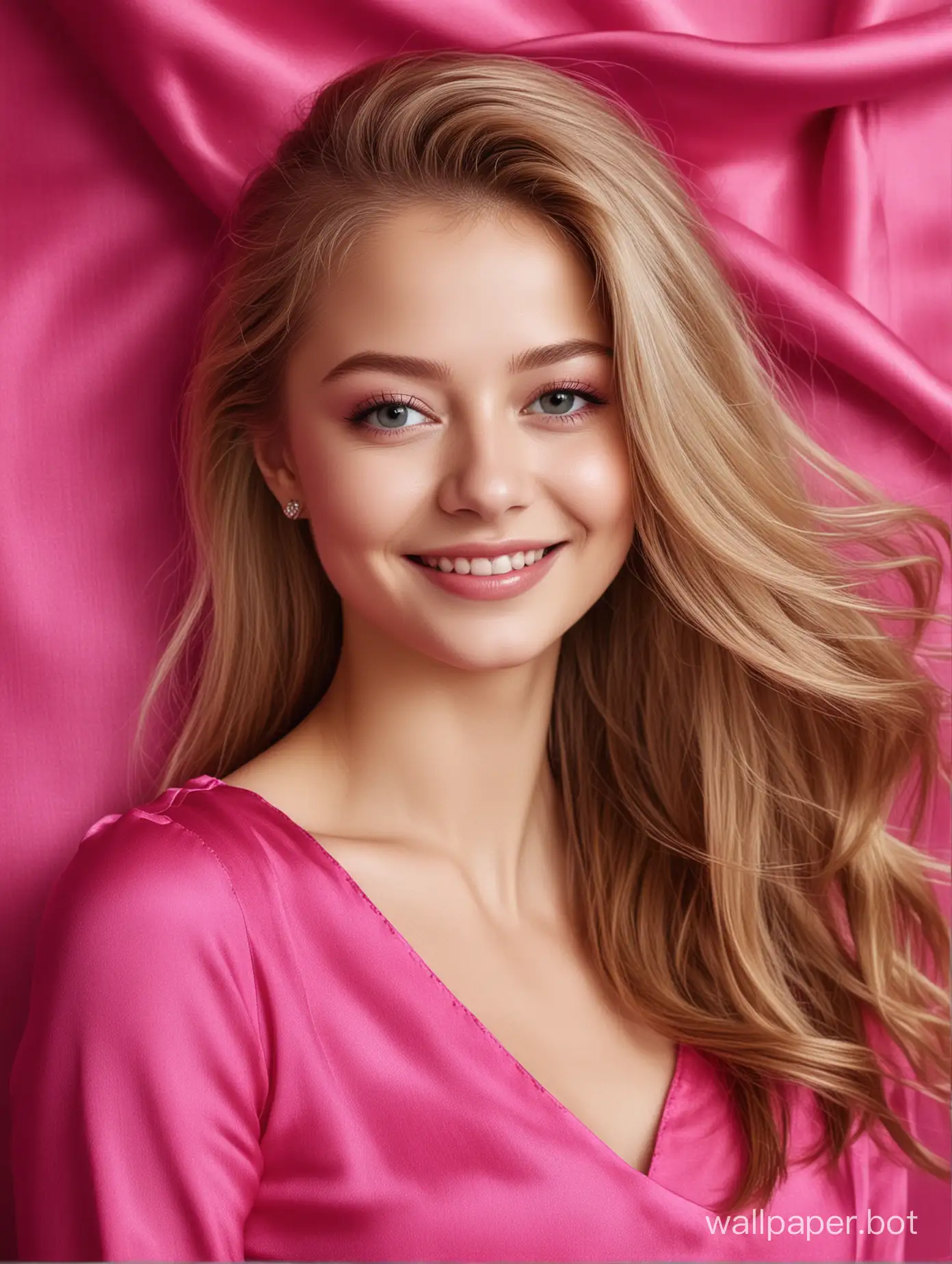 Sweet Yulia Lipnitskaya smiles with long straight silky hair in long Beautiful, gentle, Luxurious glamour natural hot pink fuchsia mulberry silk fabric