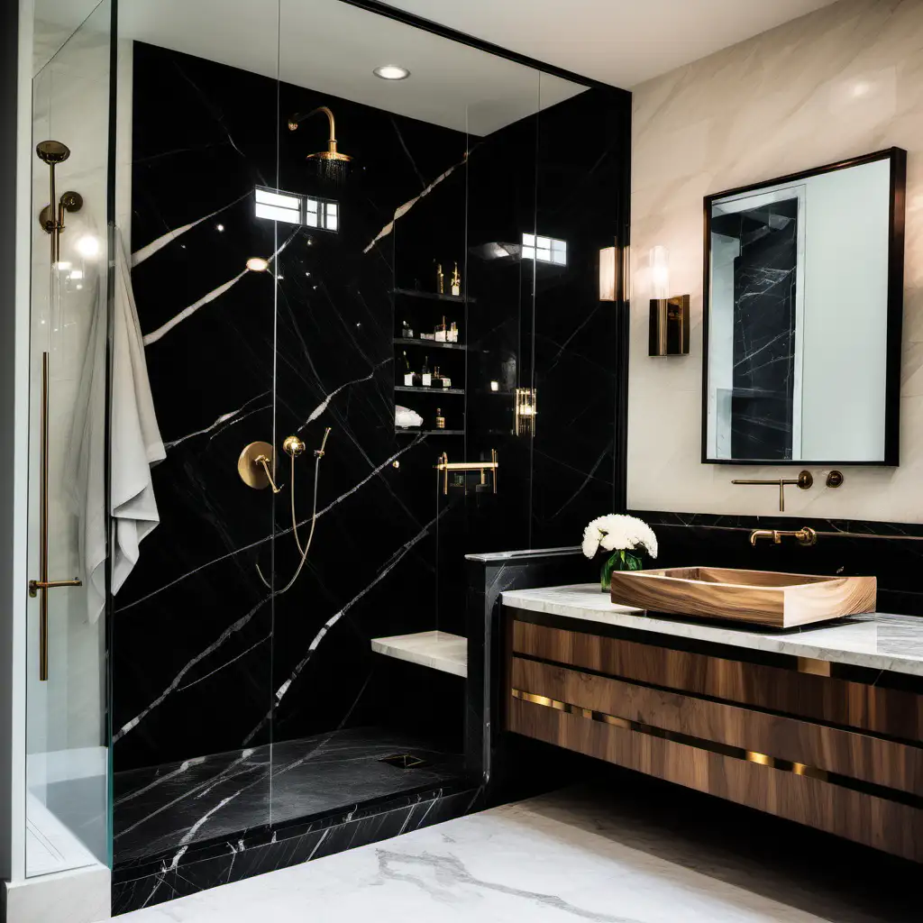 modern black marble shower bathroom with limestone flooring and floating walnut vanity waterworks fixtures and alabaster chandelier
