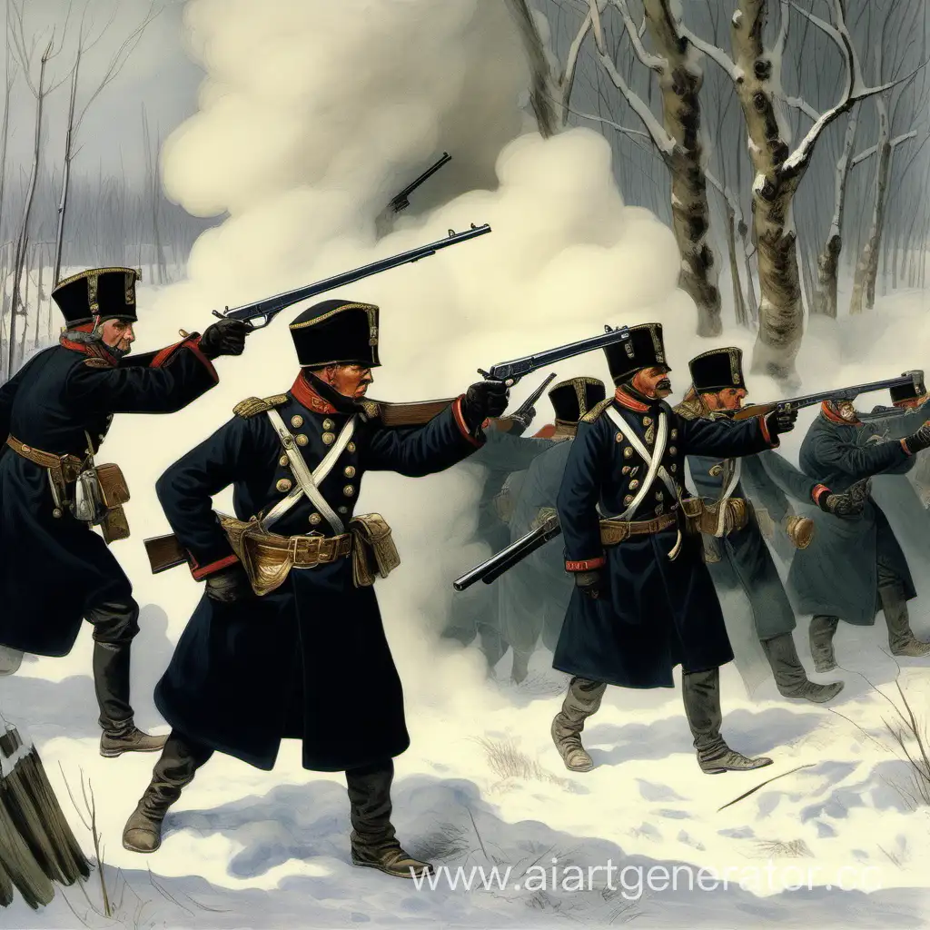 Russian-Empire-Militiamen-Firing-Powder-Pistols-in-Long-Black-Coats-and-Kepis
