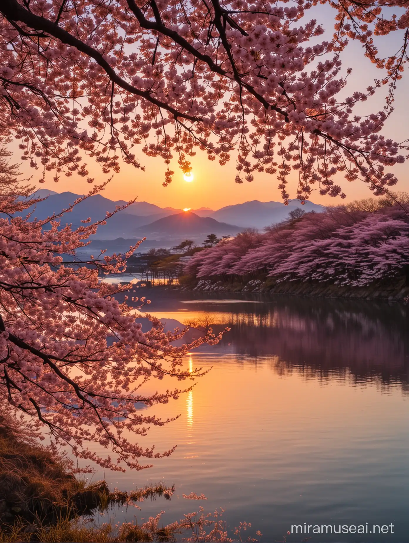 a wonderful photograph from a sunset of cherry blossoming near Okurigawa Lake, serne feelings, nostalgic vibes, wonderful colors