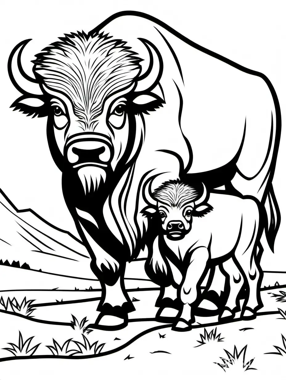 Bison and his baby for Kids is easy, Coloring Page, black and white, line art, white background, Simplicity, Ample White Space. The background of the coloring page is plain white to make it easy for young children to color within the lines. The outlines of all the subjects are easy to distinguish, making it simple for kids to color without too much difficulty