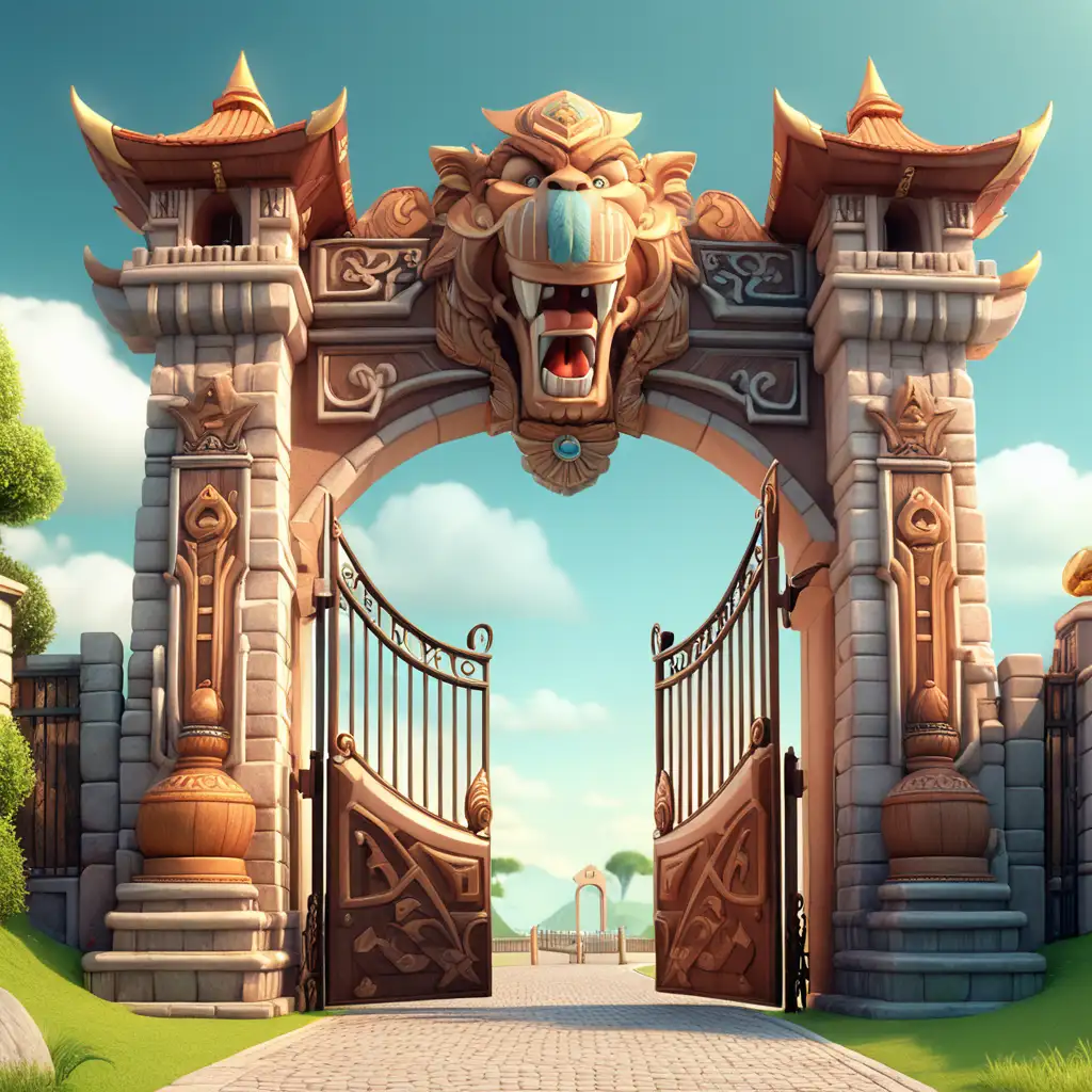 Create a 3D illustrator of an animated scene of a a a very large and gigantic gate . Beautiful and spirited background illustrations.