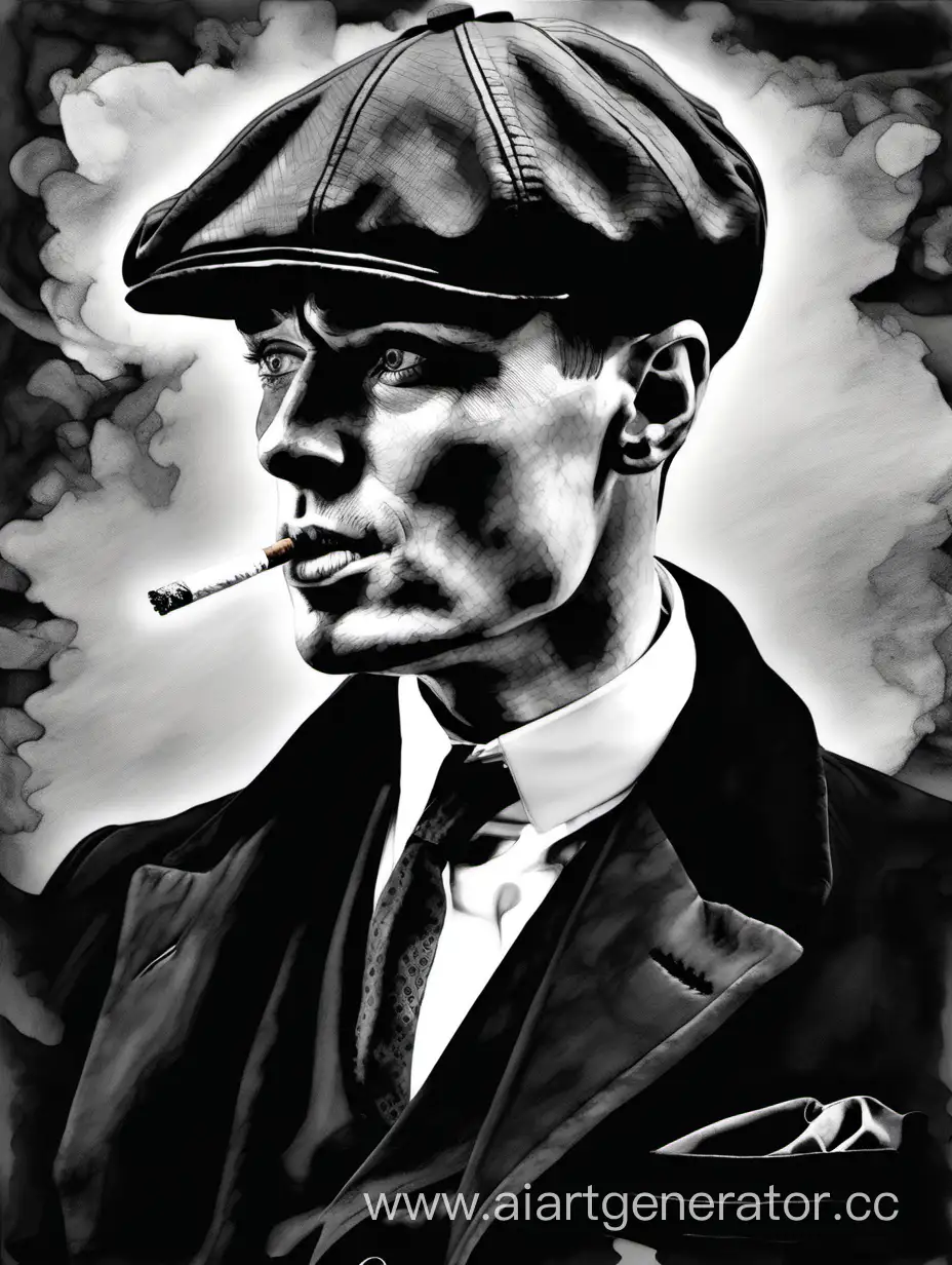 Tommy-Shelby-Portrait-Acrylic-Painting-in-Black-and-White-with-Cap-and-Cigarette