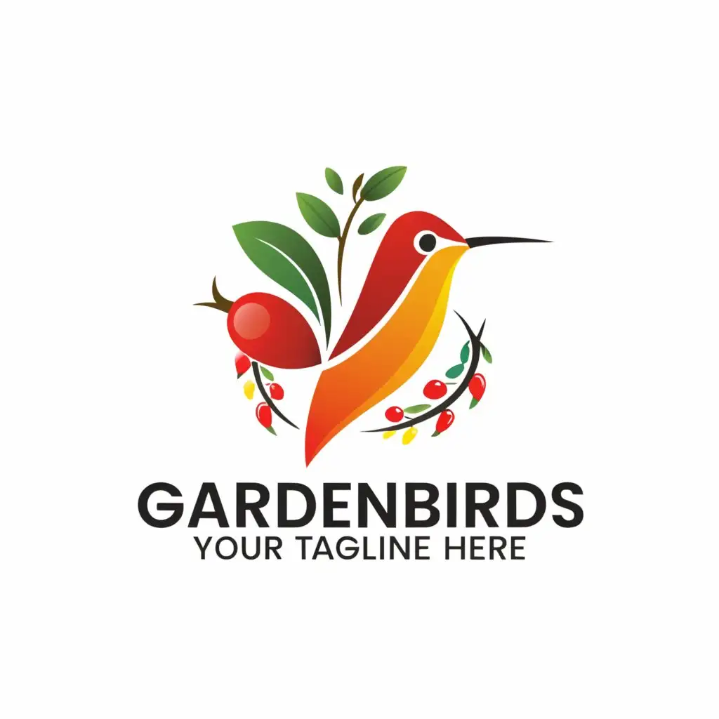 a logo design,with the text "Garden the Hummingbird", main symbol:a hummingbird with a flower and things symbolizing a garden like tomatoes or carrots,Moderate,be used in Nonprofit industry,clear background