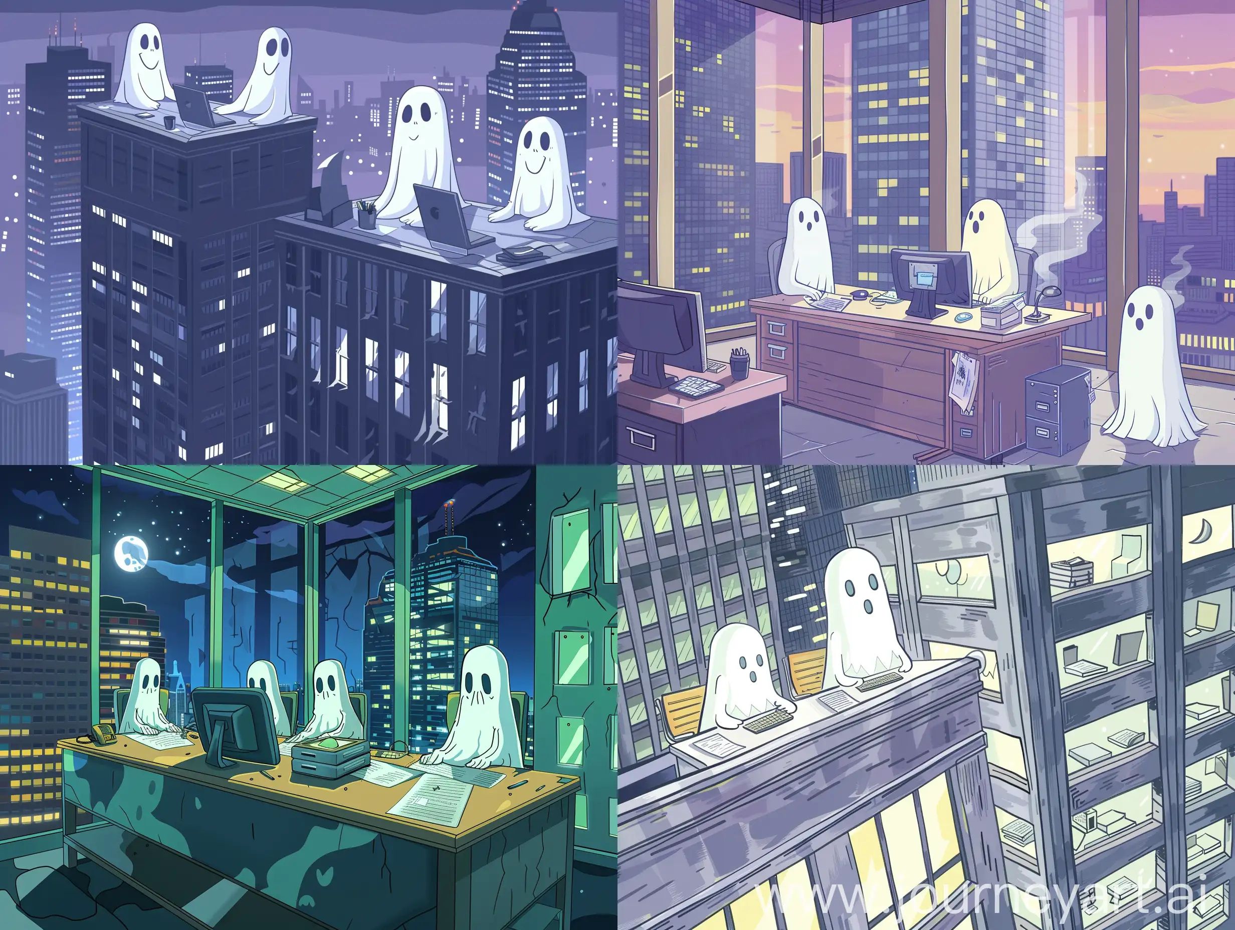 Cartoon-Ghosts-Collaborate-in-Skyscraper-Office